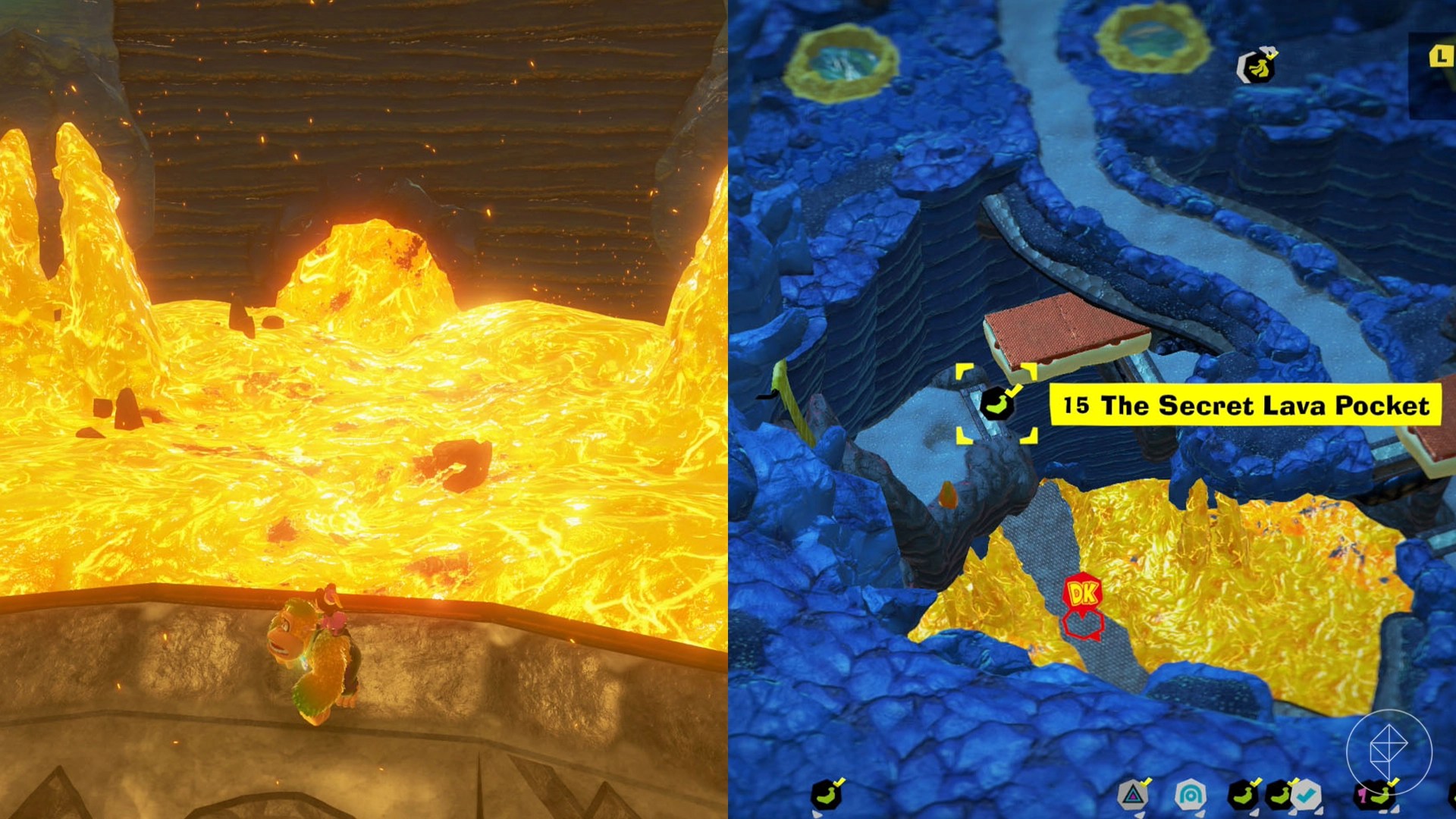A cave entrance is plugged up by glowing golden lava in Donkey Kong Bananza.