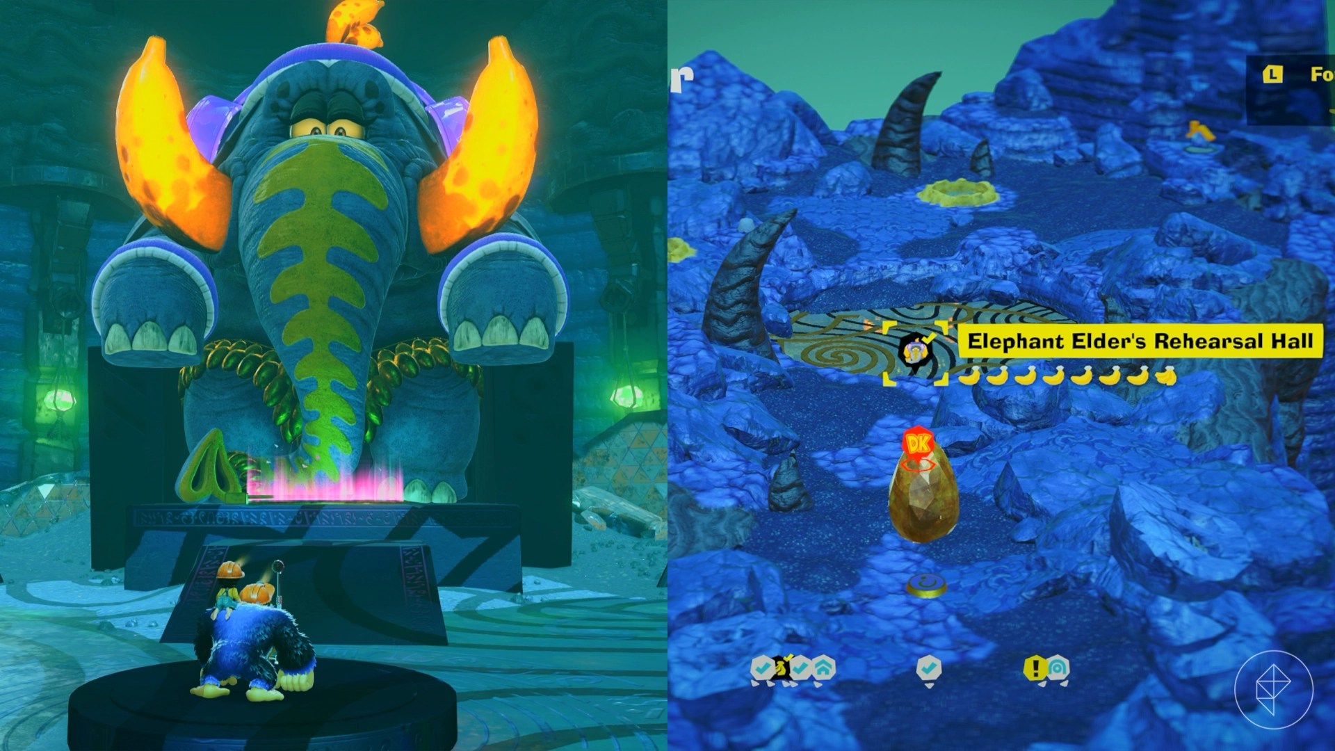 Donkey Kong standing in front of a huge elephant with bananas for tusks.