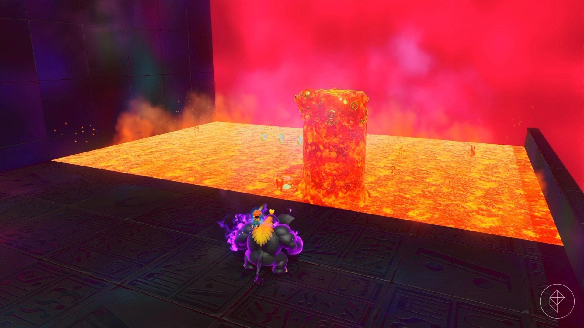 Donkey Kong standing in front of a mole-like enemy made out of lava on a pool of lava.