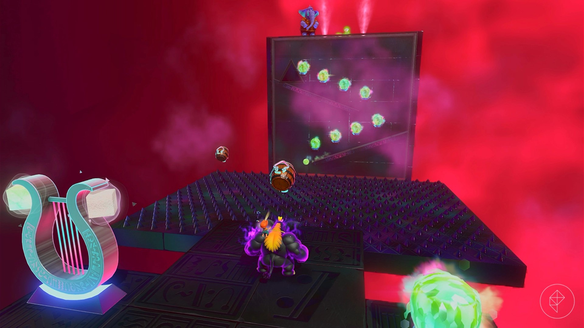 Donkey Kong as an elephant standing in front of barrels, a spiky platform, and a ramp puzzle.