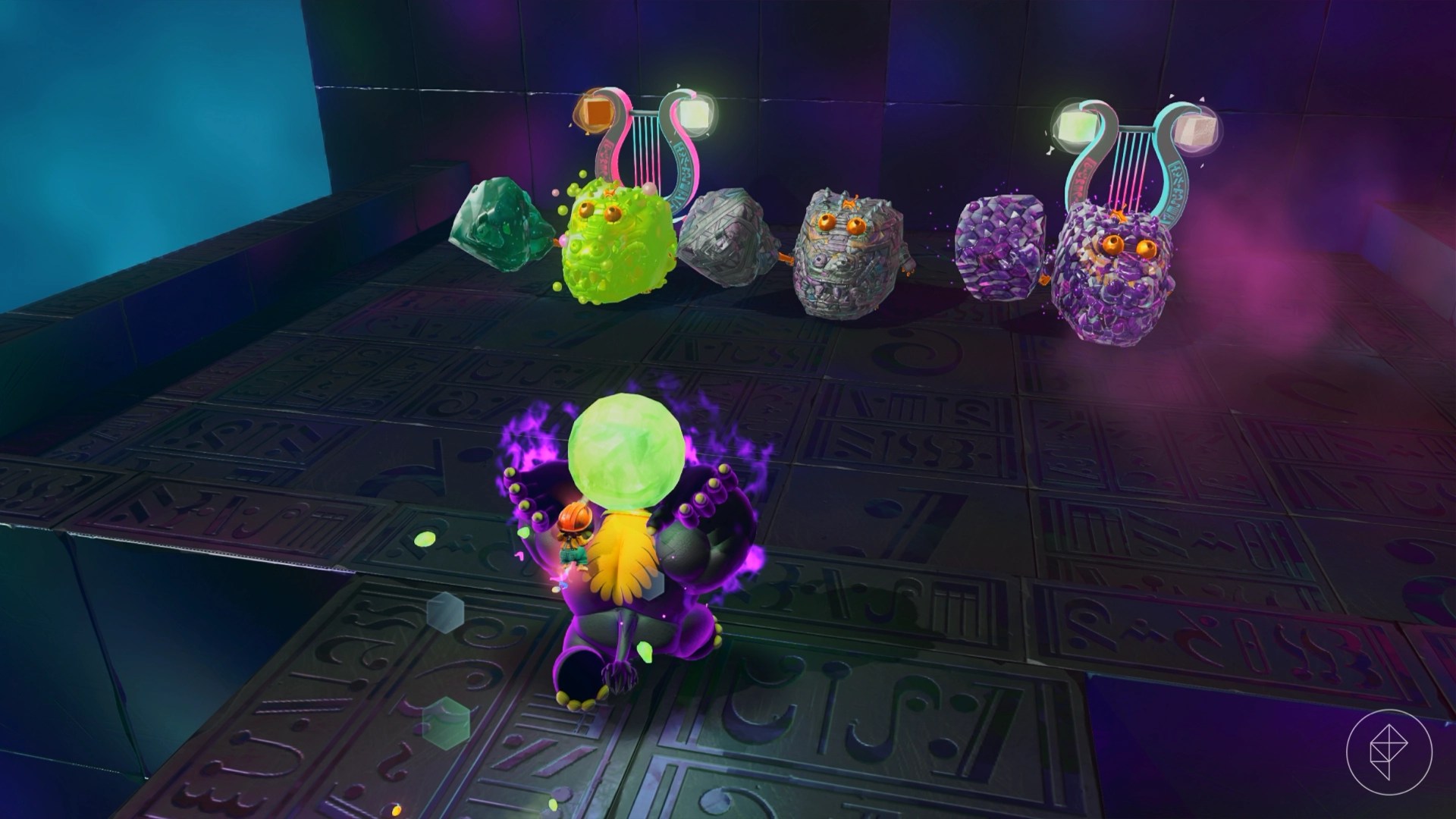Donkey Kong as an elephant holding a ball of glow stone and standing in front of three crockoids made of different material.