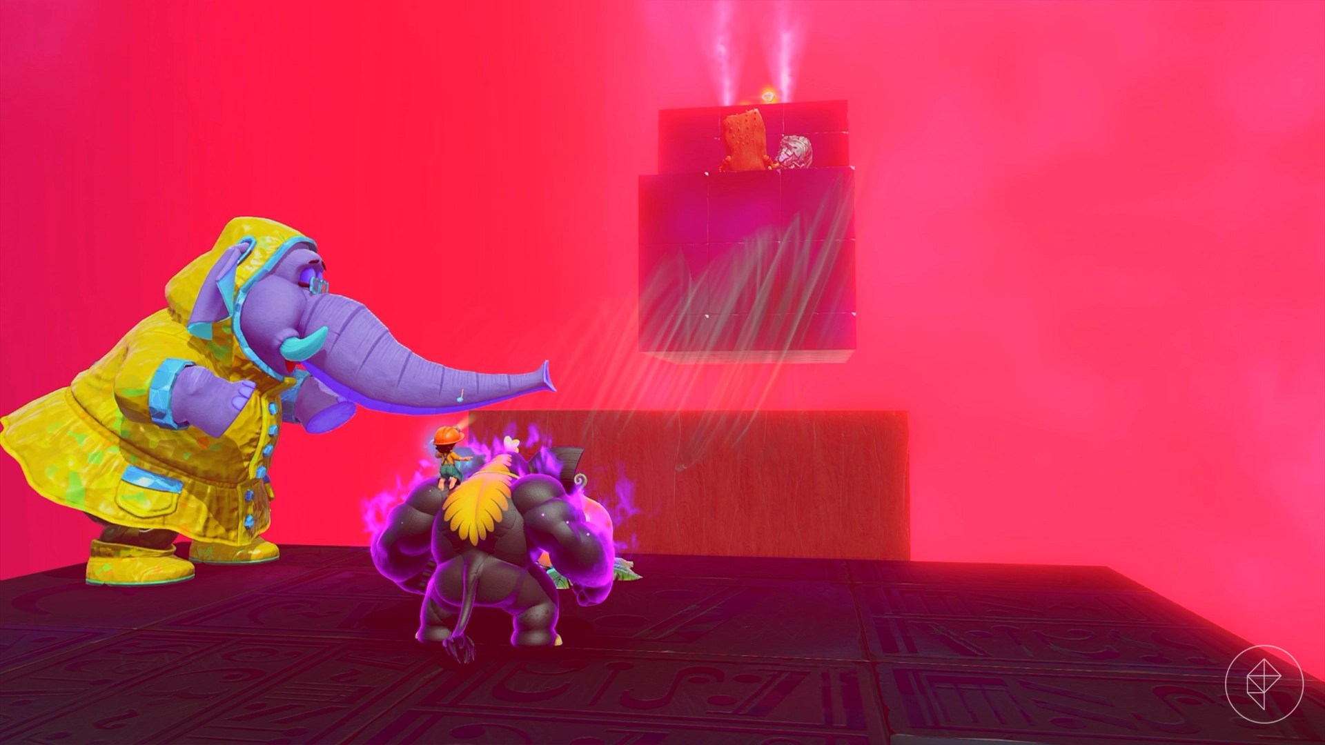 Donkey Kong as an elephant standing in front of a seed, wooden platforms, and another elephant using their trunk to suck wind.