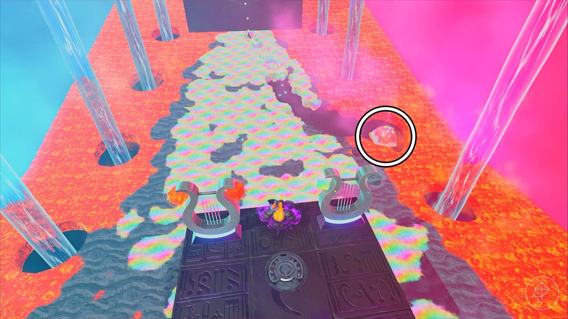 A circle showing the location of a bowl of shaved ice in a layer full of lava and rainbow material.