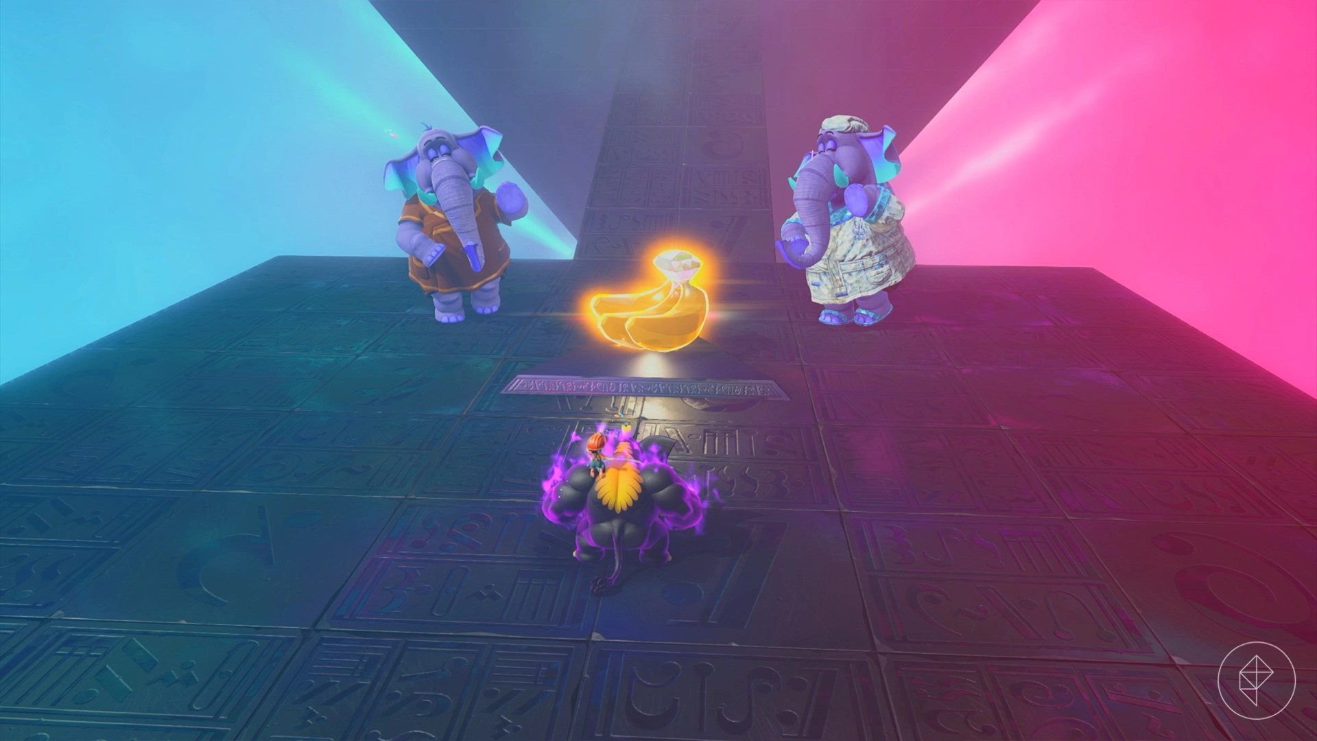 Donkey Kong as an elephant standing in front a bunch of bananas and other elephants.