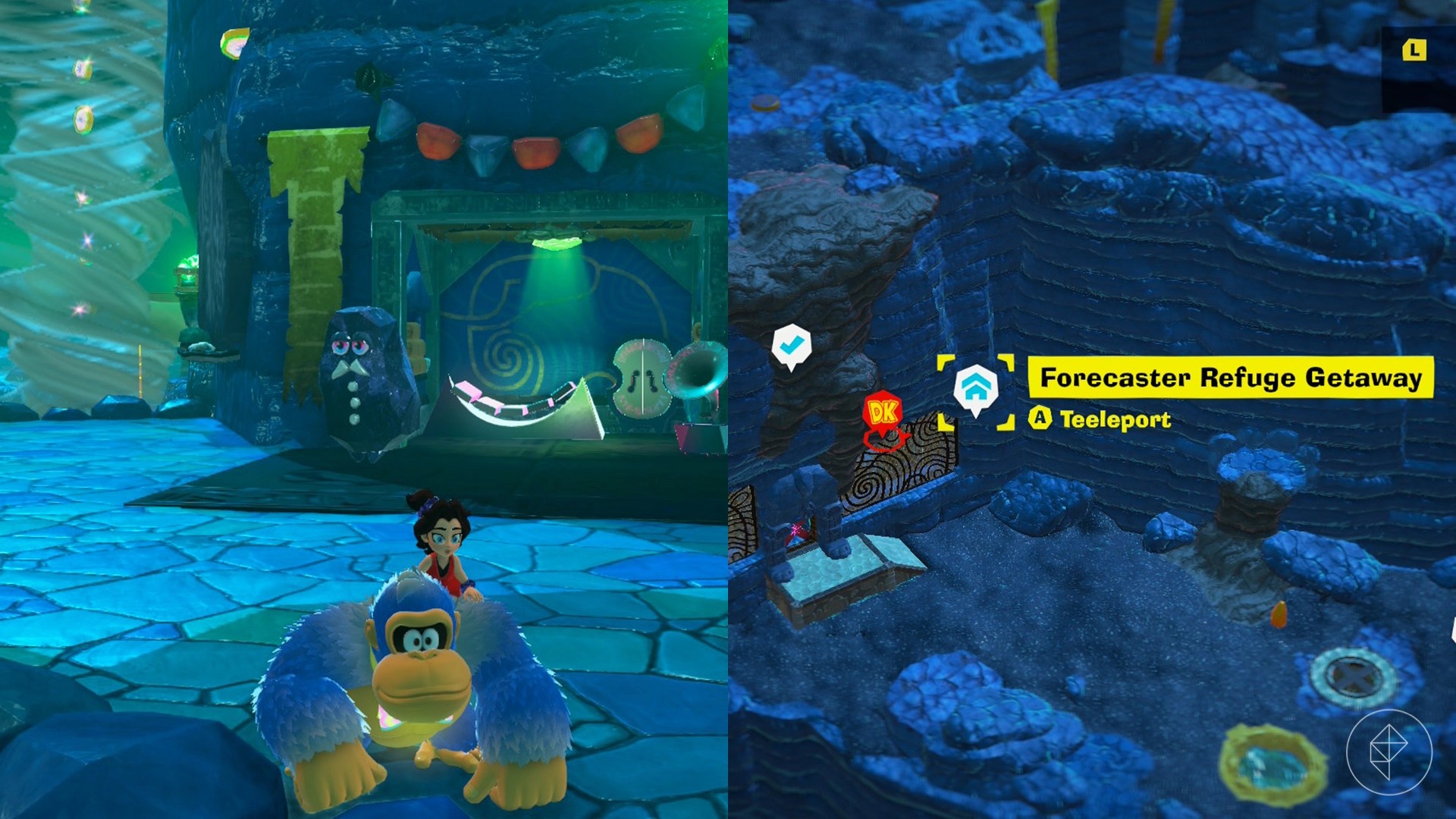 DK stands near a getaway by a concierge NPC in Donkey Kong Bananza.
