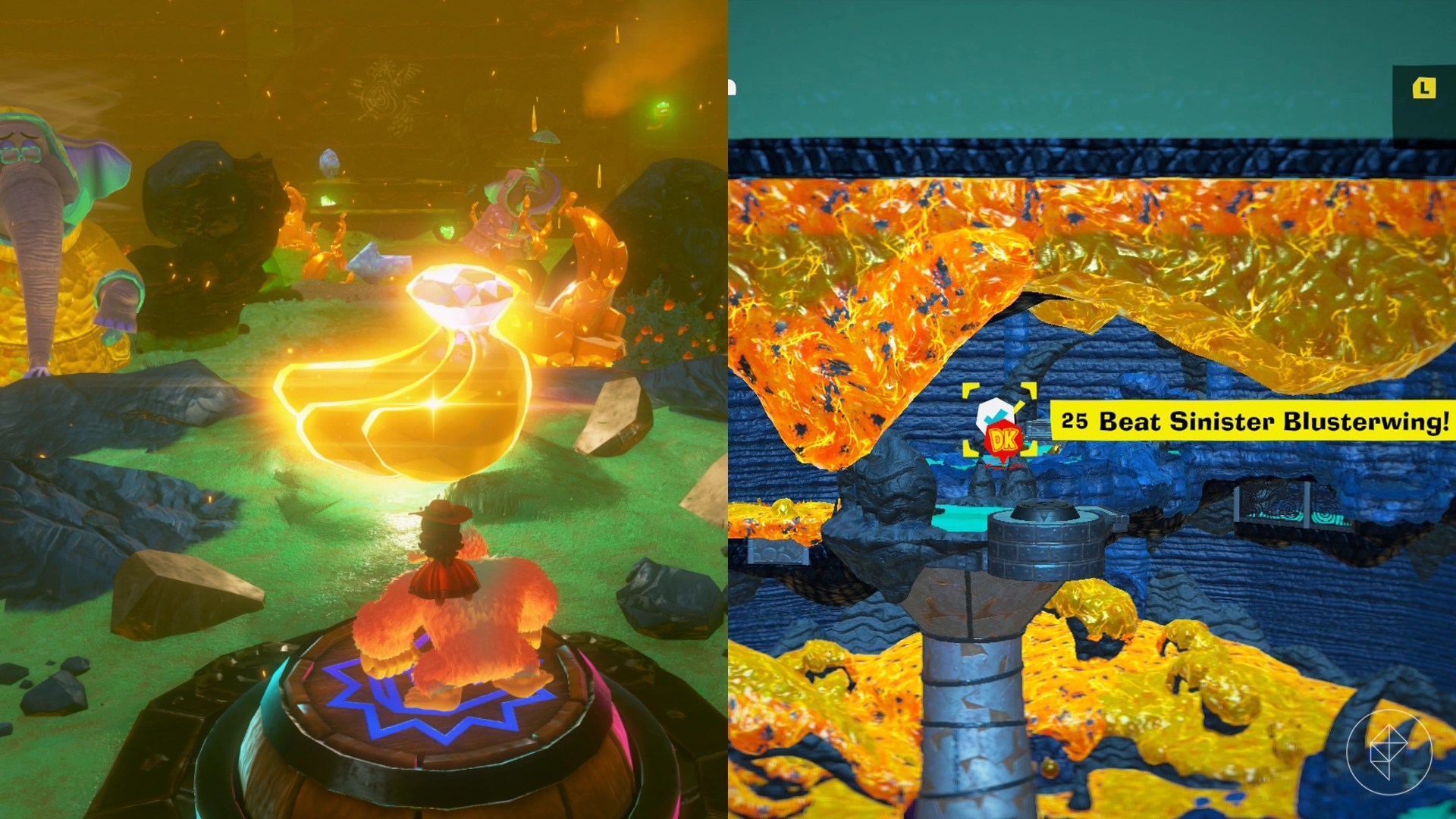 Donkey Kong standing on top of a barrel that is in front of a bunch of golden bananas.