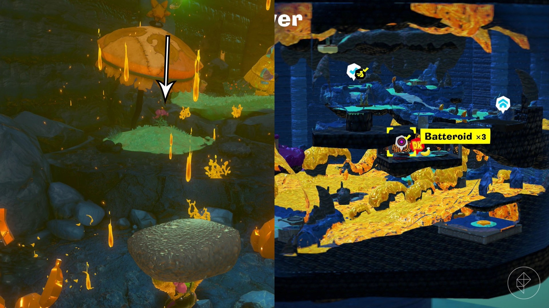 Donkey Kong looking towards a flower with an arrow point at it in an area where it is raining lava.