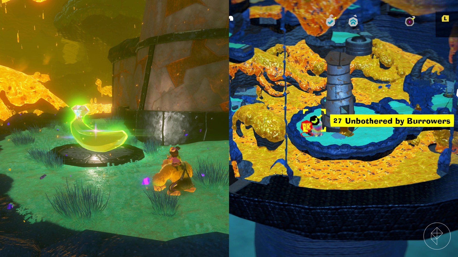 Donkey Kong standing before a golden banana on an island surrounded by lava.
