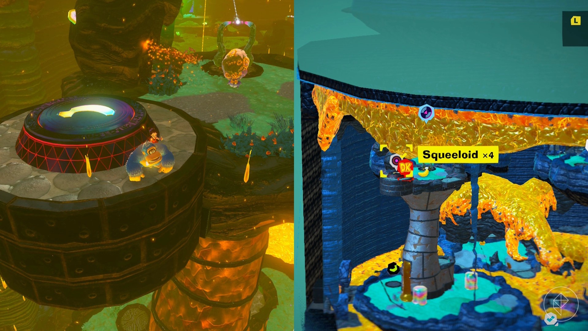 Donkey Kong standing beside a manhole cover with a banana on it.