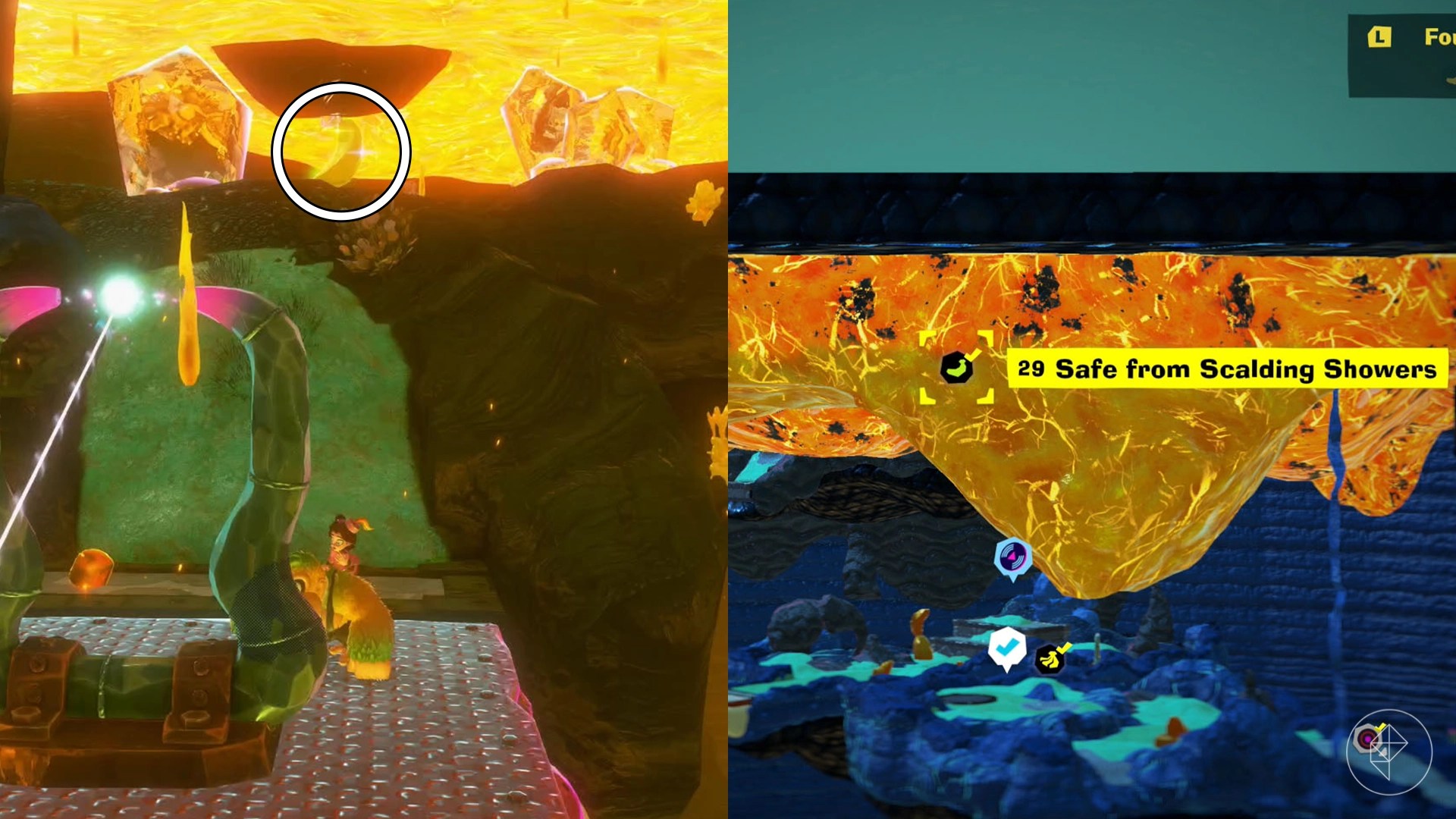 Donkey Kong looking at a circled golden banana that is hanging off of a rock patch on a lava-filled ceiling.