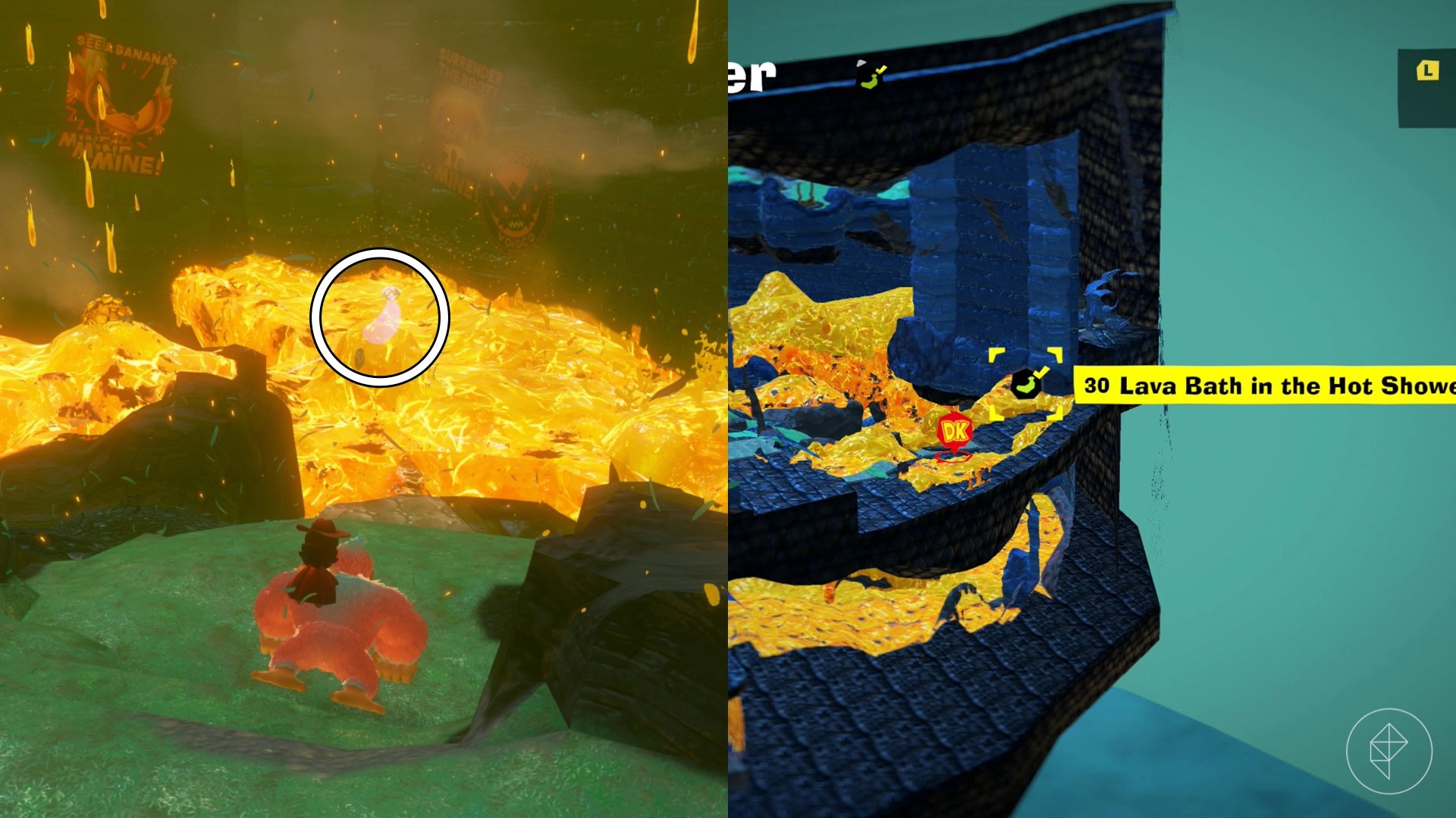 Donkey Kong looking towards a circled golden banana that is surrounded by lava in the Tempest Layer of Donkey Kong Bananza.