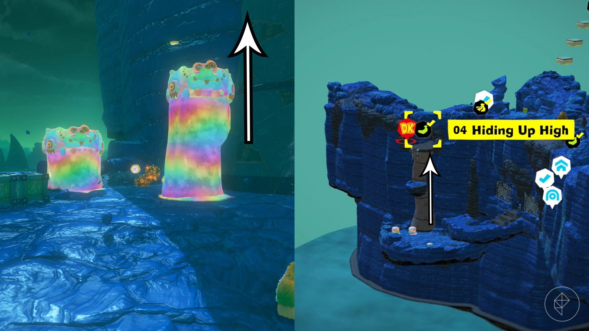 Some rainbow-colored enemies slither up along a wall in Donkey Kong Bananza.