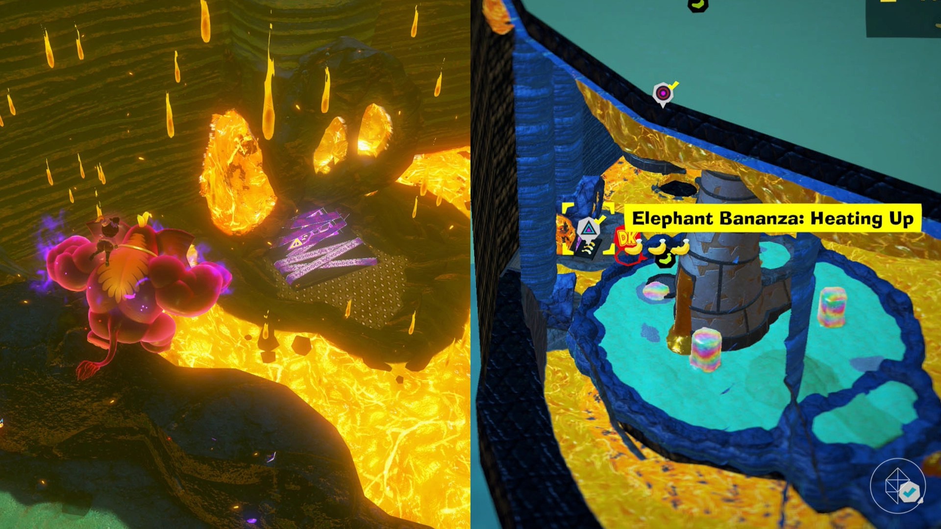A red Elephant Donkey Kong in the air on the way to a sealed Ancient Ruin entrance that is surrounded by lava.