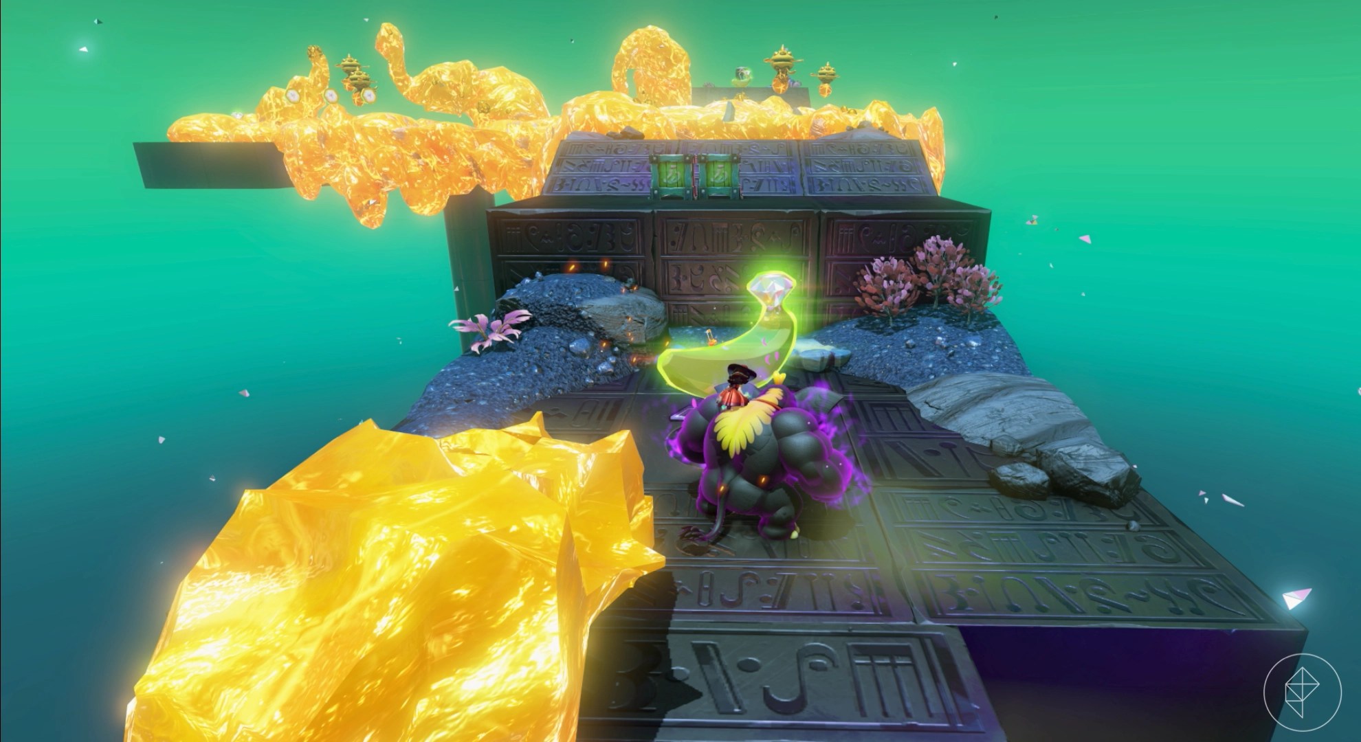Elephant Donkey Kong standing in front of a golden banana on a metal platform with lava in the area.