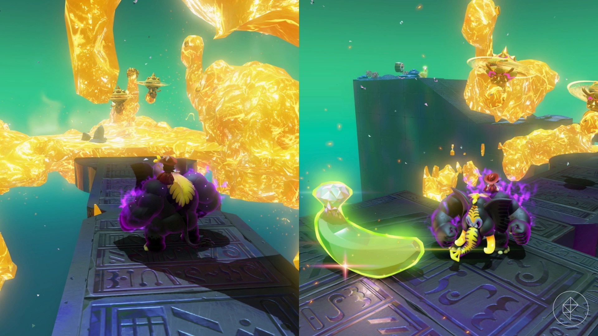 Elephant Kong standing on a metal path surrounded by golden lava along with another image of him standing in front of a banana.