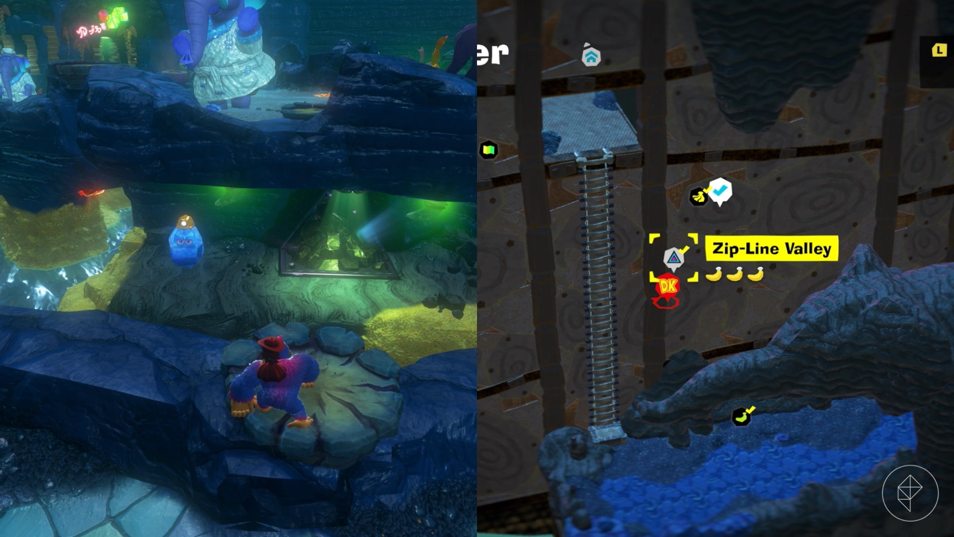DK approaches a plugged-up Ancient Ruins course with a Constructone nearby in Donkey Kong Bananza.