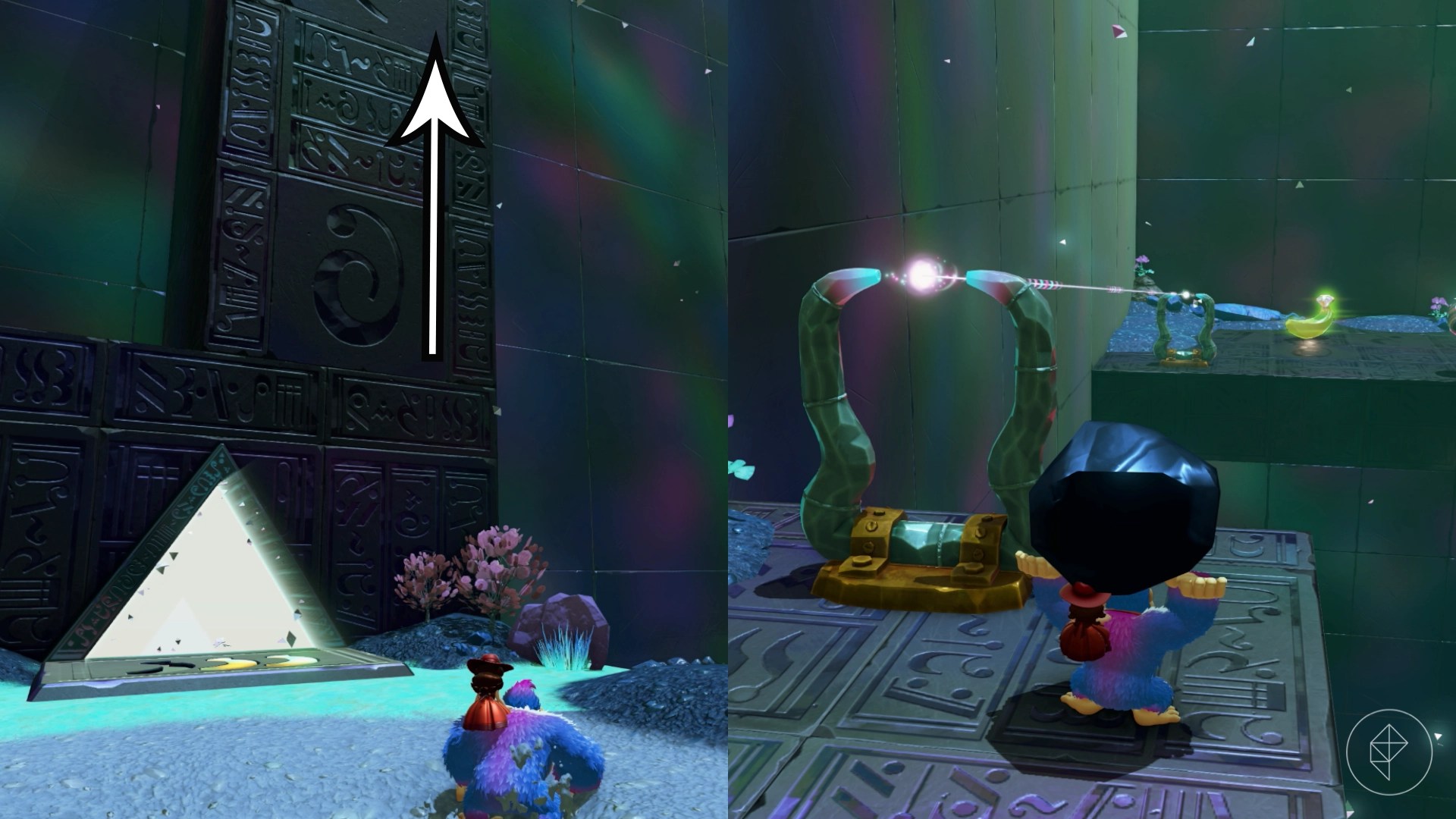 An arrow points upward against the wall with the course entrance on it in Donkey Kong Bananza.