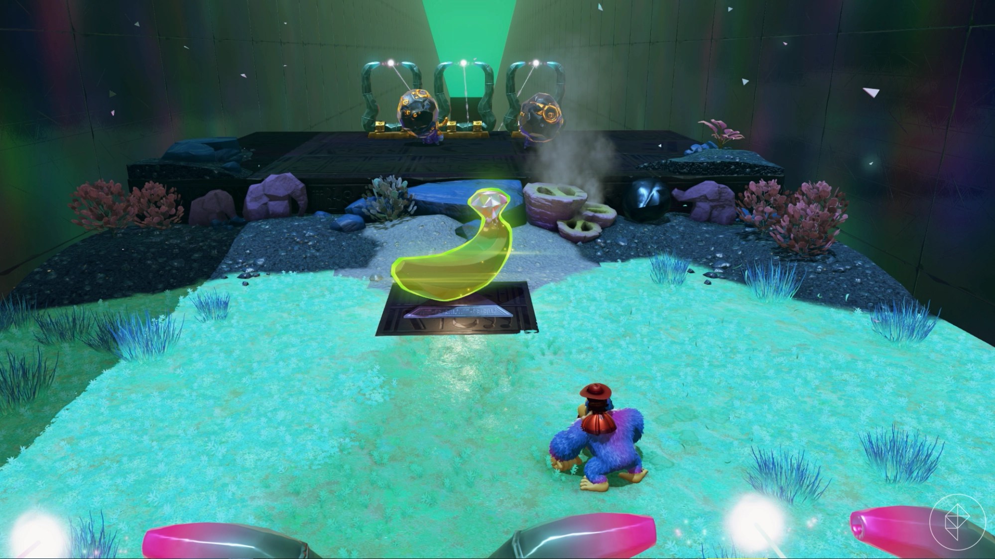 DK approaches a banana on a pedestal with two rock-based enemies behind it in Donkey Kong Bananza.
