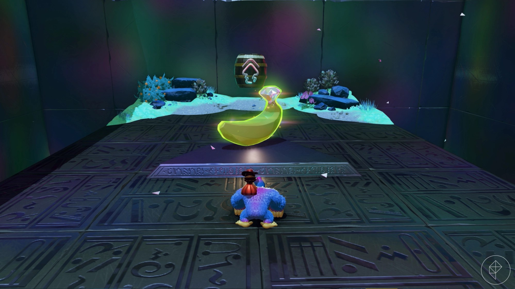 A course reward banana sits in front of DK by the exit barrel in Donkey Kong Bananza.