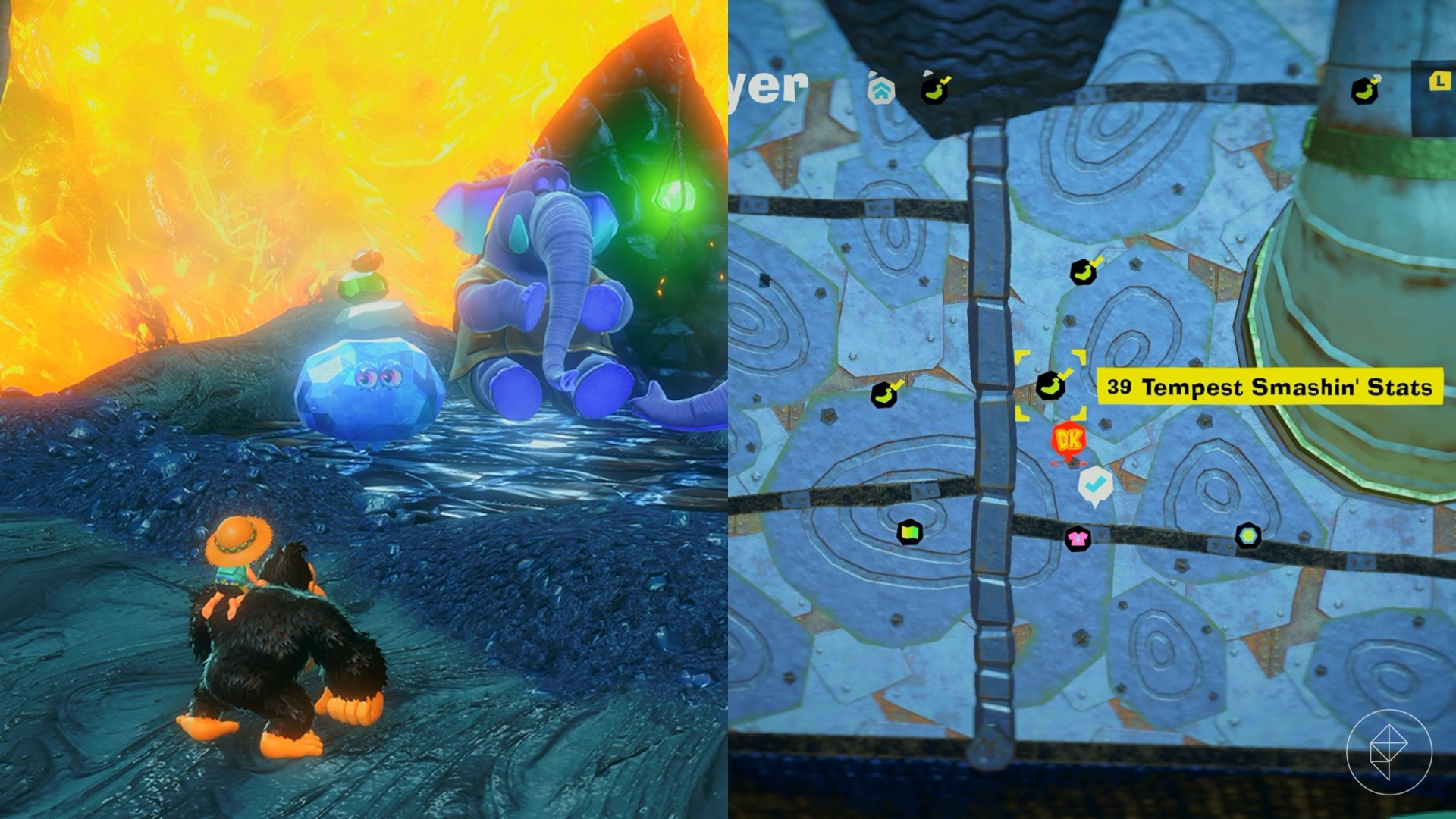 DK approaches Smashintone near some lava in Donkey Kong Bananza.