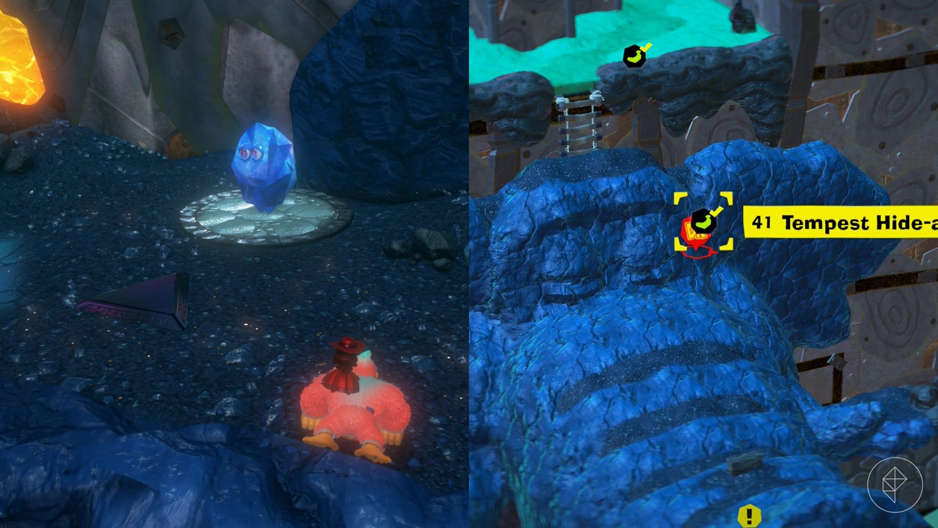 Donkey Kong standing in front of Seekertone, a crystal friend with eyes, on a patch of stone.