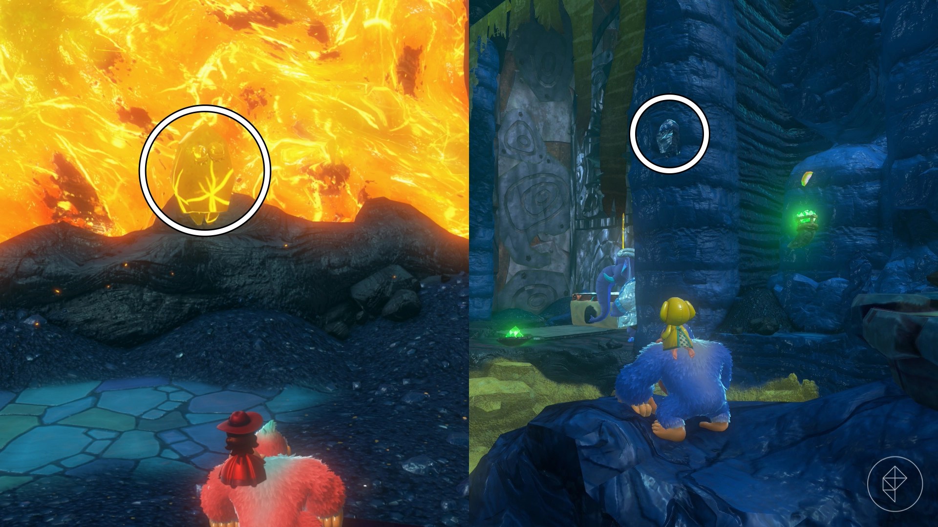 Donkey Kong standing in front of two hidden Fractones, one encased in lava and the other on a stone wall.