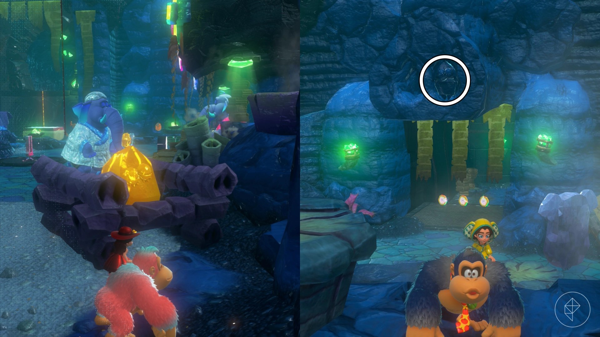 Donkey Kong standing in front of hidden Fractones, one encased in gold and the other hidden on a rock wall, in the spa of the Tempest Layer of Donkey Kong Bananza.