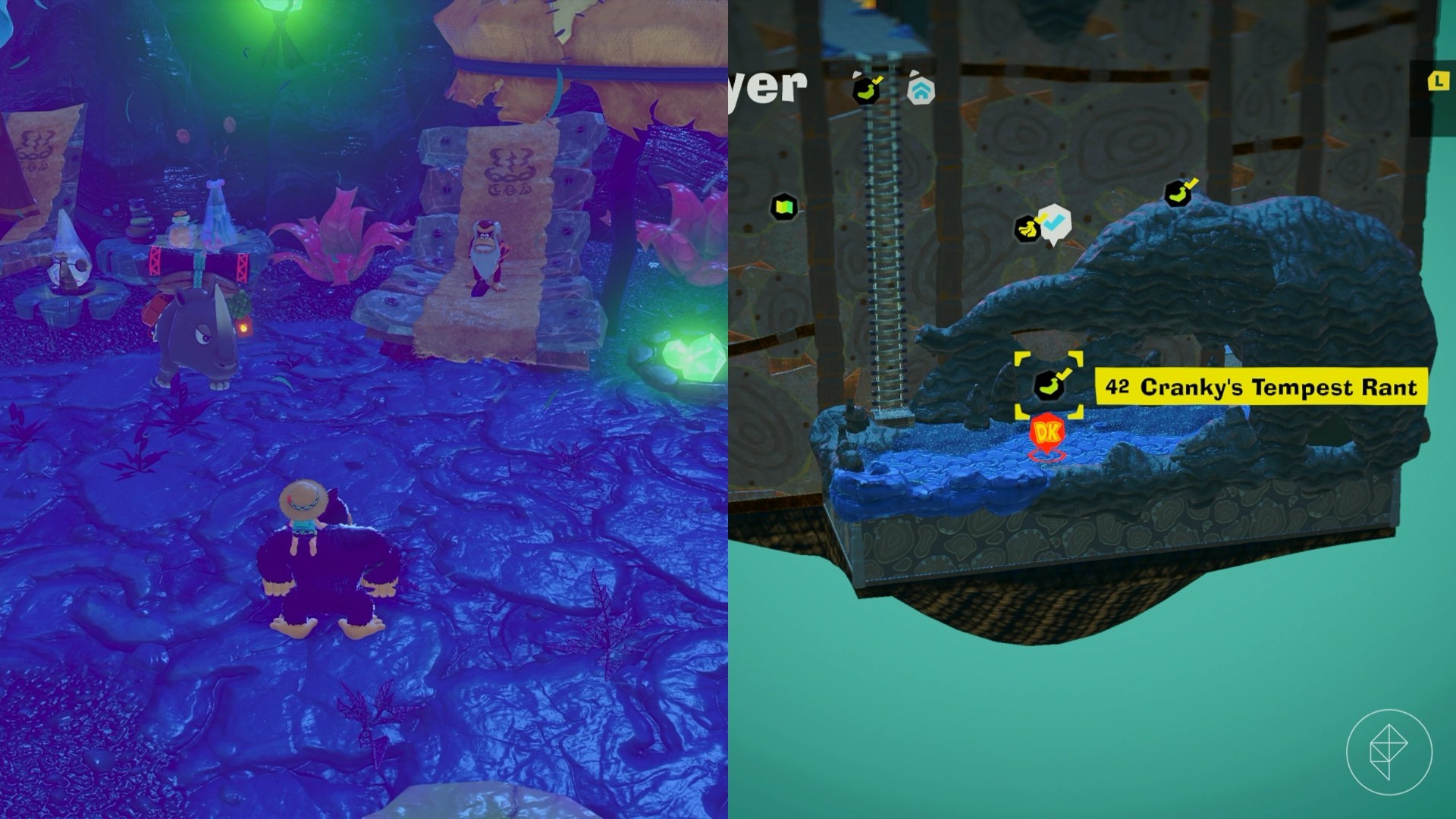DK finds Cranky Kong and Rambi relaxing outside in the Tempest Layer in Donkey Kong Bananza.