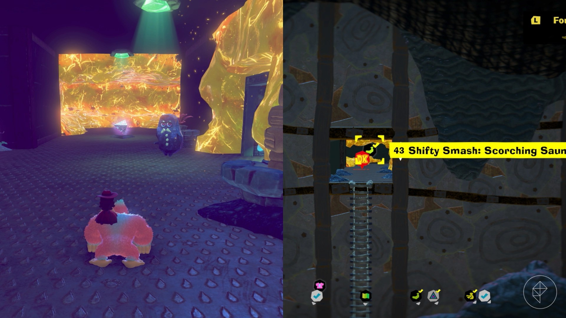 Donkey Kong standing in front of a glowing triangle which is in front of a room full of lava in Donkey Kong Bananza.