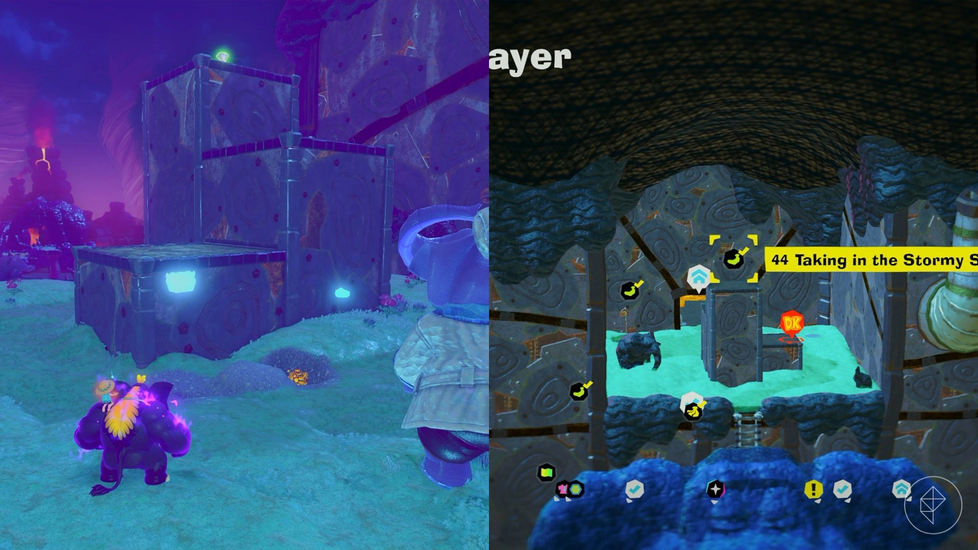 Elephant DK approaches a three-tiered tower with a Banandium Gem at the top in Donkey Kong Bananza.