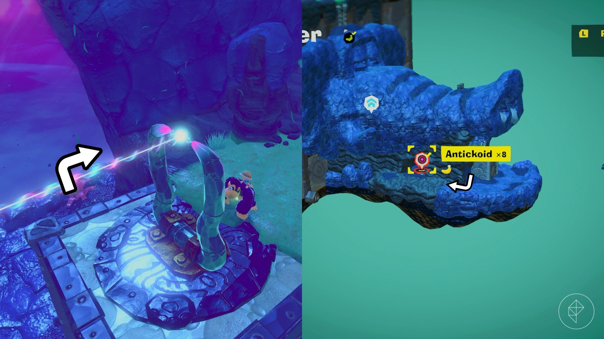 An arrow leads DK away from a zipline and around the corner to a combat challenge in Donkey Kong Bananza.