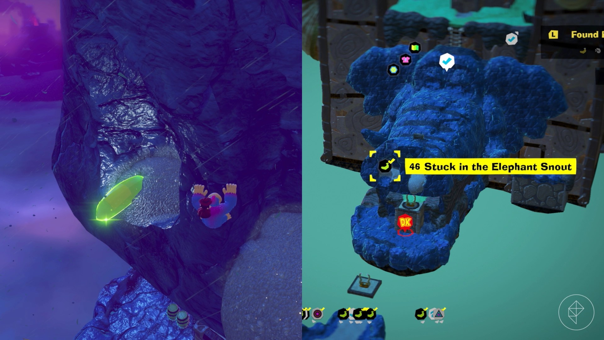 A banana sticks out of the nose of a gigantics stone elephant’s nostril in Donkey Kong Bananza.