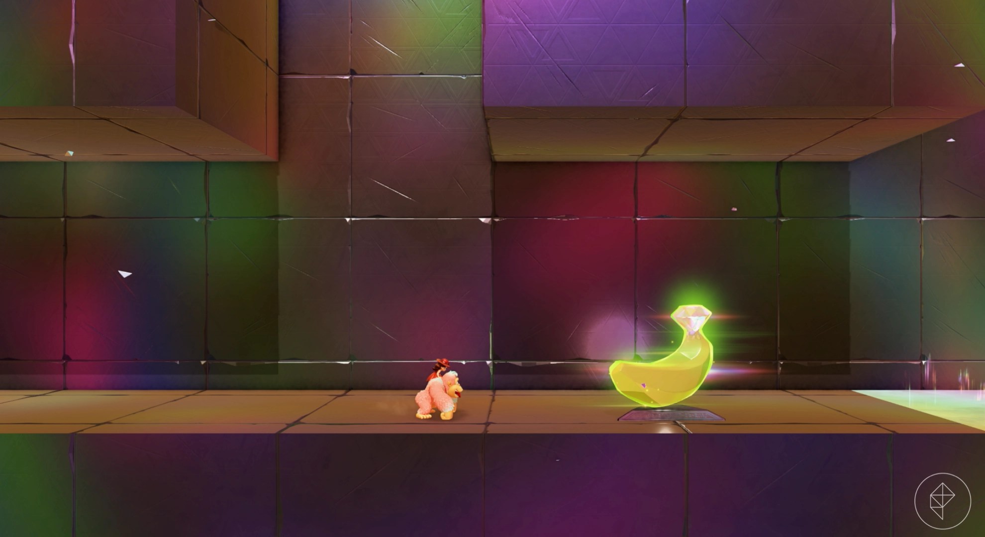 DK approaches a lone Banandium Gem in a sleek hallway in Donkey Kong Bananza.