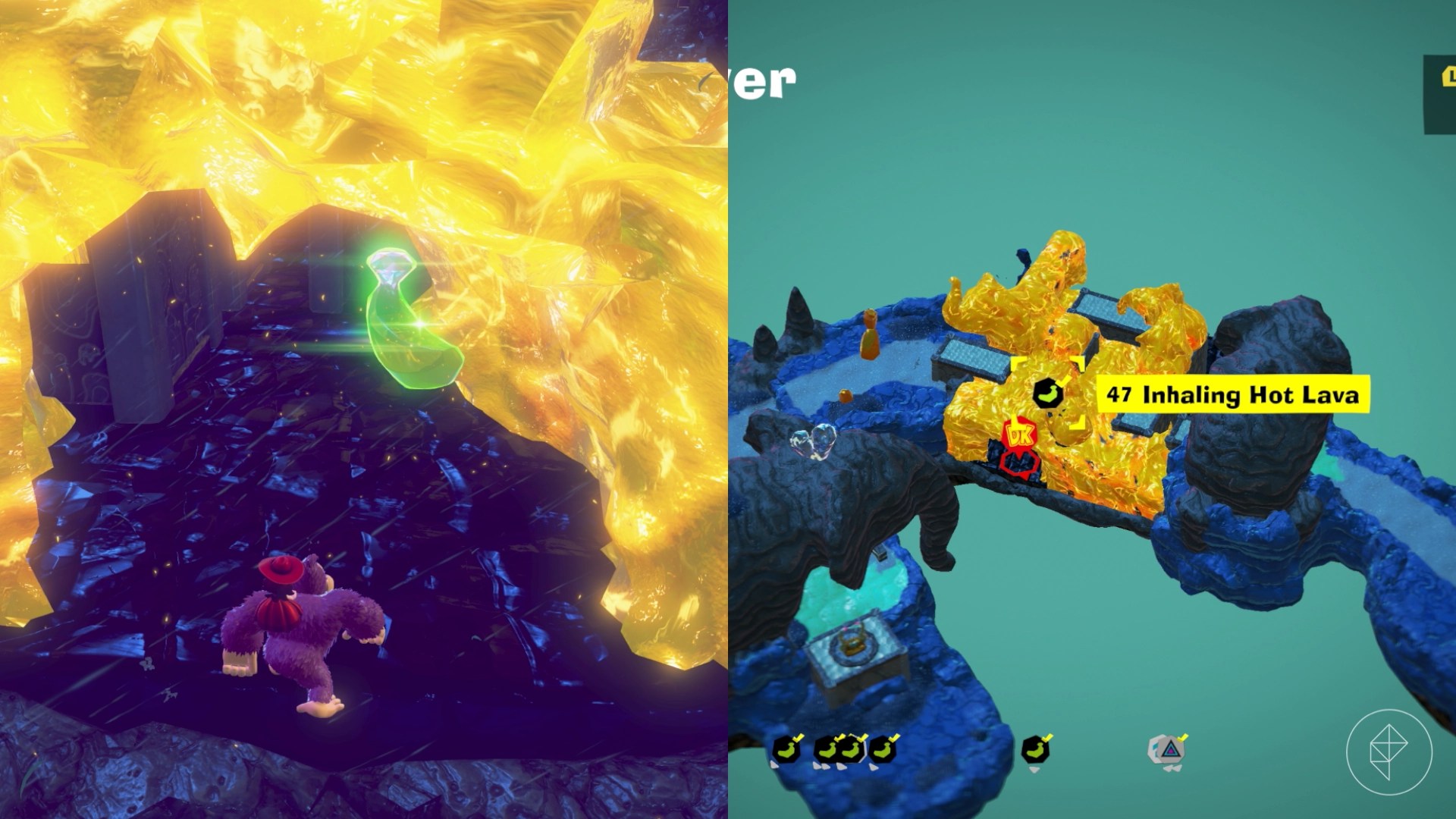 DK approaches a banana surrounded by lava in Donkey Kong Bananza.