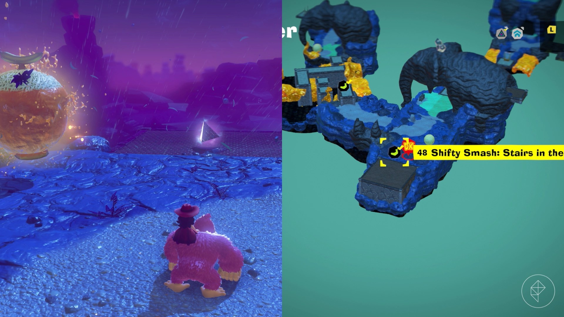 DK stands by a shifty triangle near a huge melon in Donkey Kong Bananza.