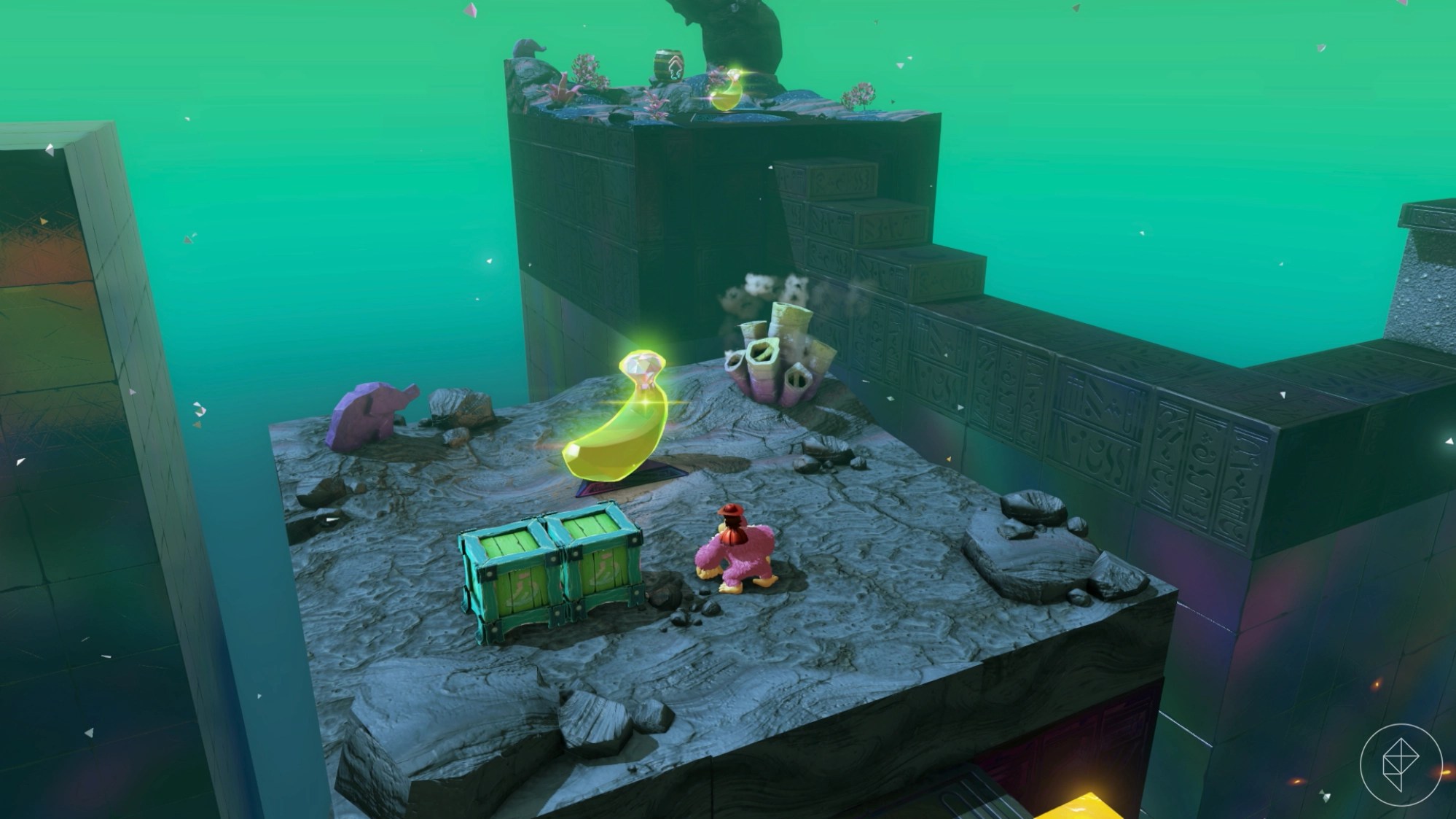 DK stands in front of a banana with two boxes nearby in Donkey Kong Bananza.