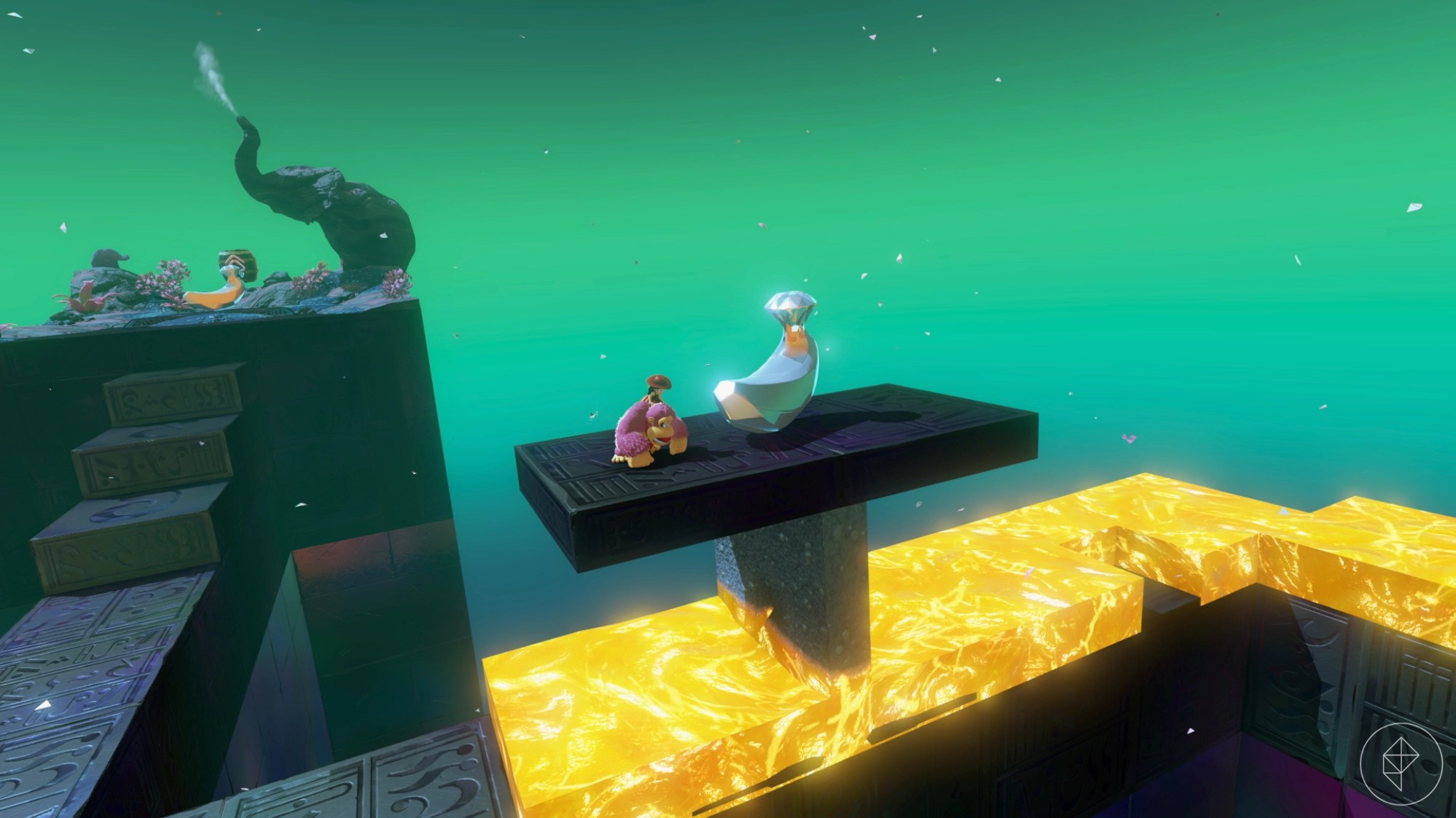 DK stands on top of a platform with a banana on it but lava flows under the platform in Donkey Kong Bananza.