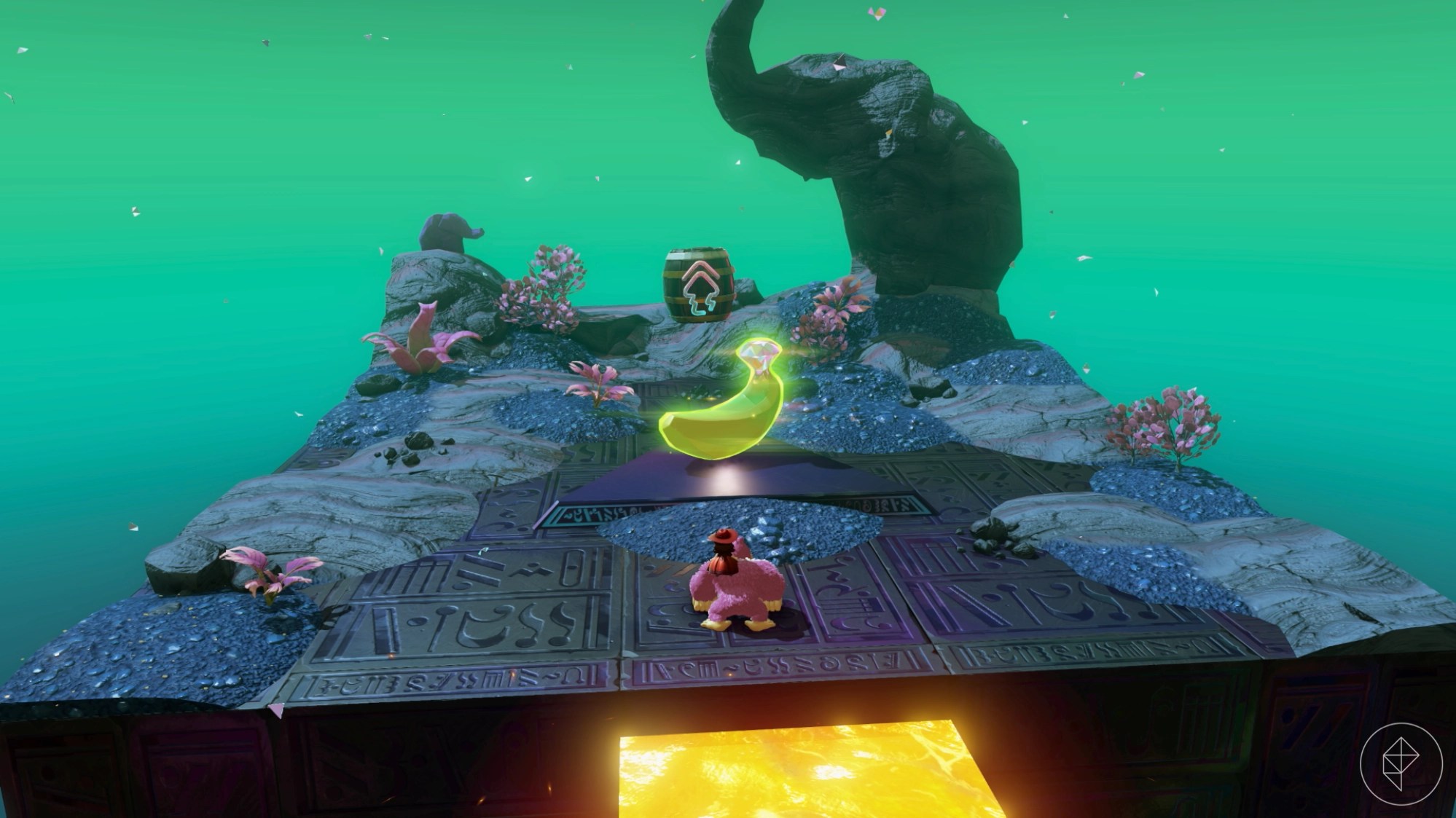 DK approaches the final reward banana in a lava-filled challenge course in Donkey Kong Bananza.