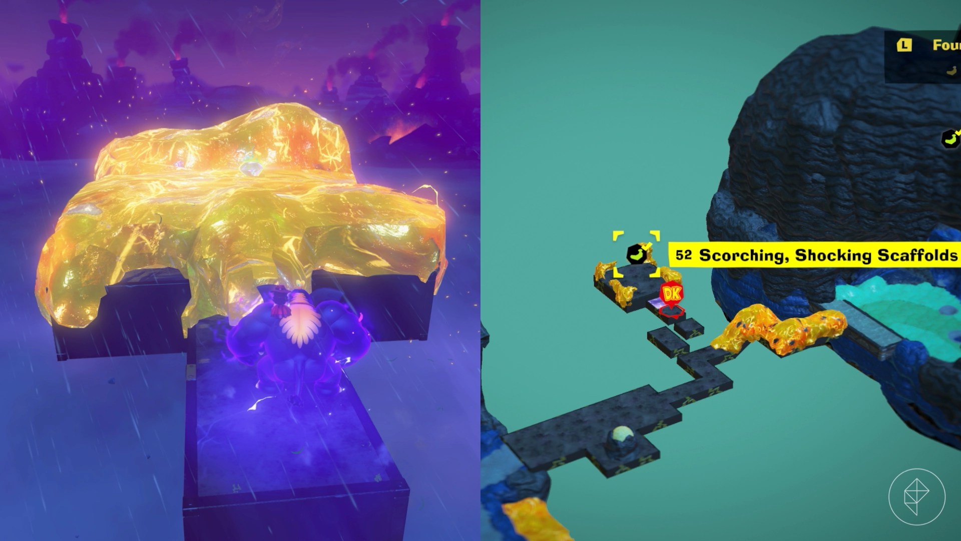 Elephant DK sees the tip of a banana sitting in a pile of lava on some platforms in Donkey Kong Bananza.