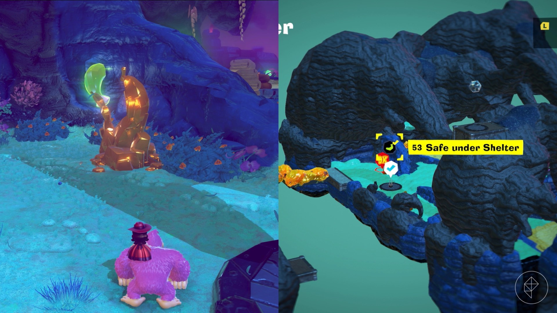 A banana sticks out of the wall near some gold in Donkey Kong Bananza.