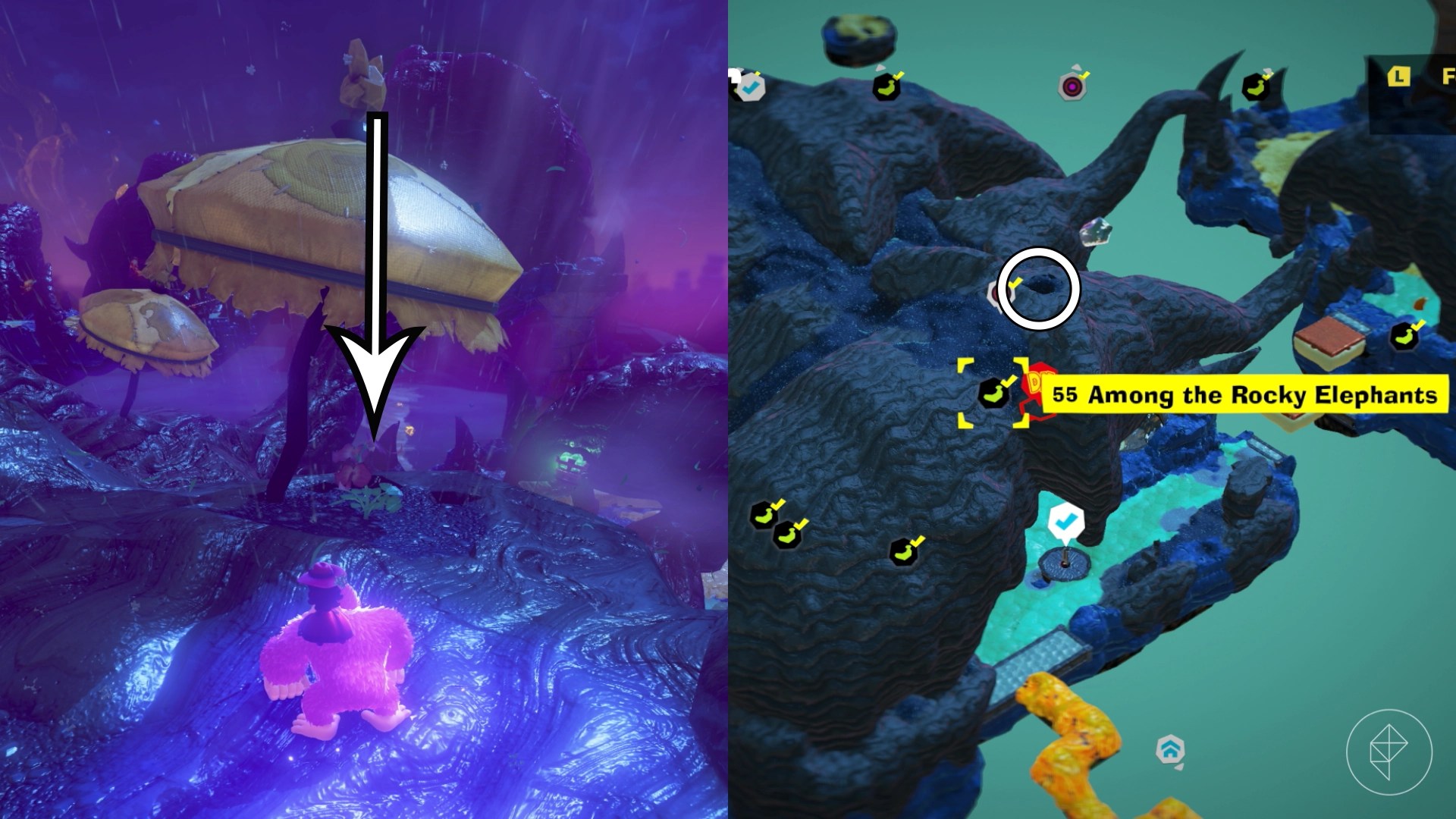 An arrow points downward on top of a dirt pile under an umbrella with a flower on top in Donkey Kong Bananza.