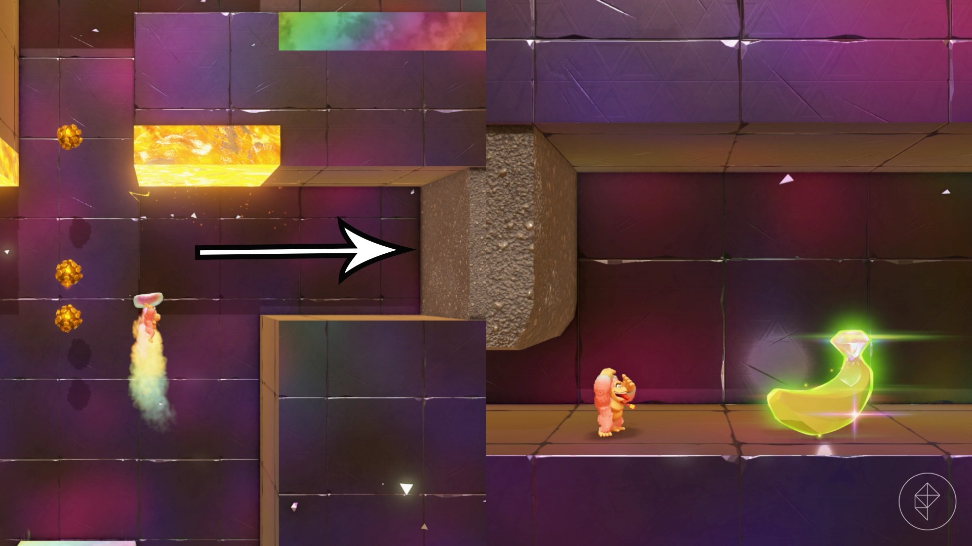 DK flies up with a liftoff ore near a dirt wall on the right side in Donkey Kong Bananza.