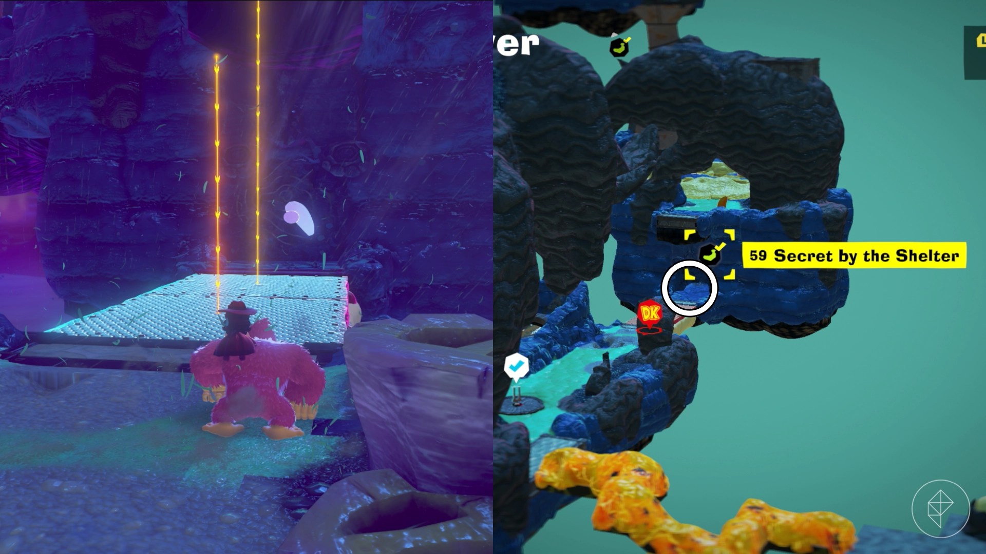 DK uses his Hand Slap sonar to pinpoint a banana behind a cavern entrance blocked by rocks in Donkey Kong Bananza.