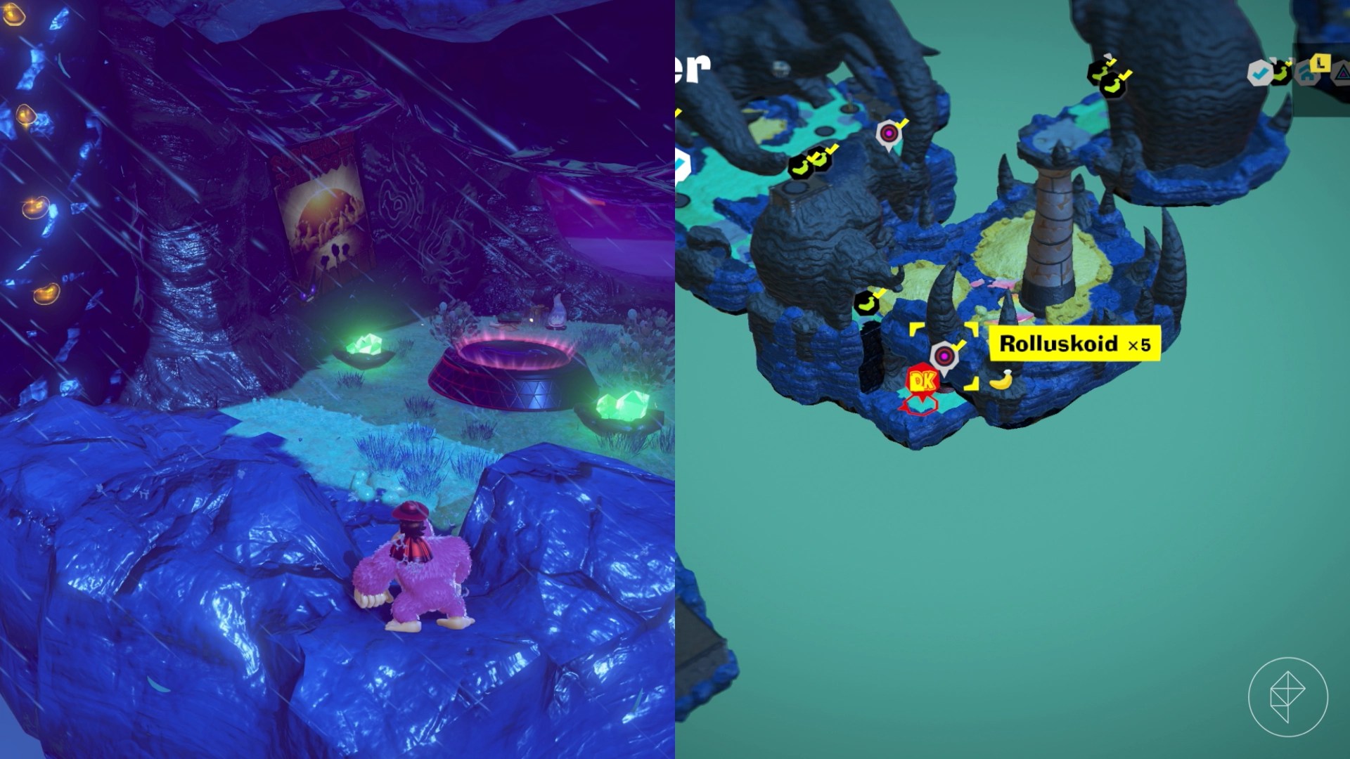 DK and Pauline by a combat challenge entrance on the side of and under a cliff in Donkey Kong Bananza.