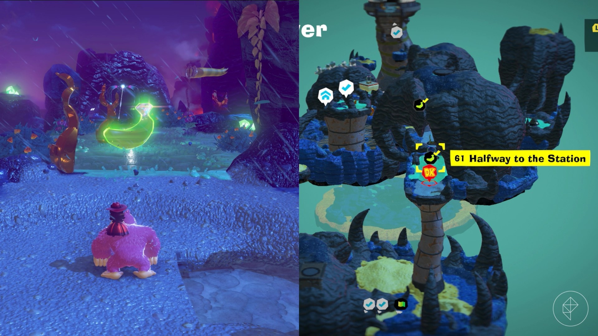DK approaches a banana in plain sight on top of a tall tower in Donkey Kong Bananza.