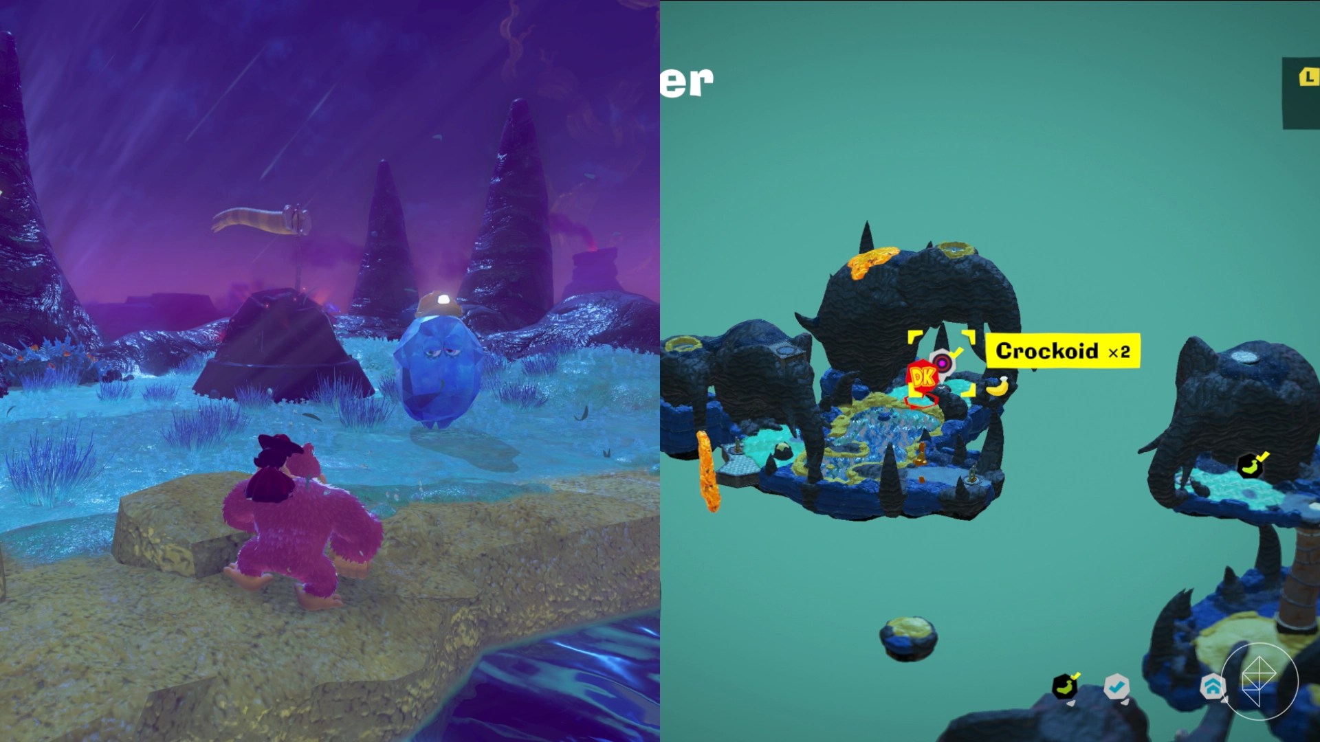 DK approaches a Constructone near a plugged-up challenge course in Donkey Kong Bananza.