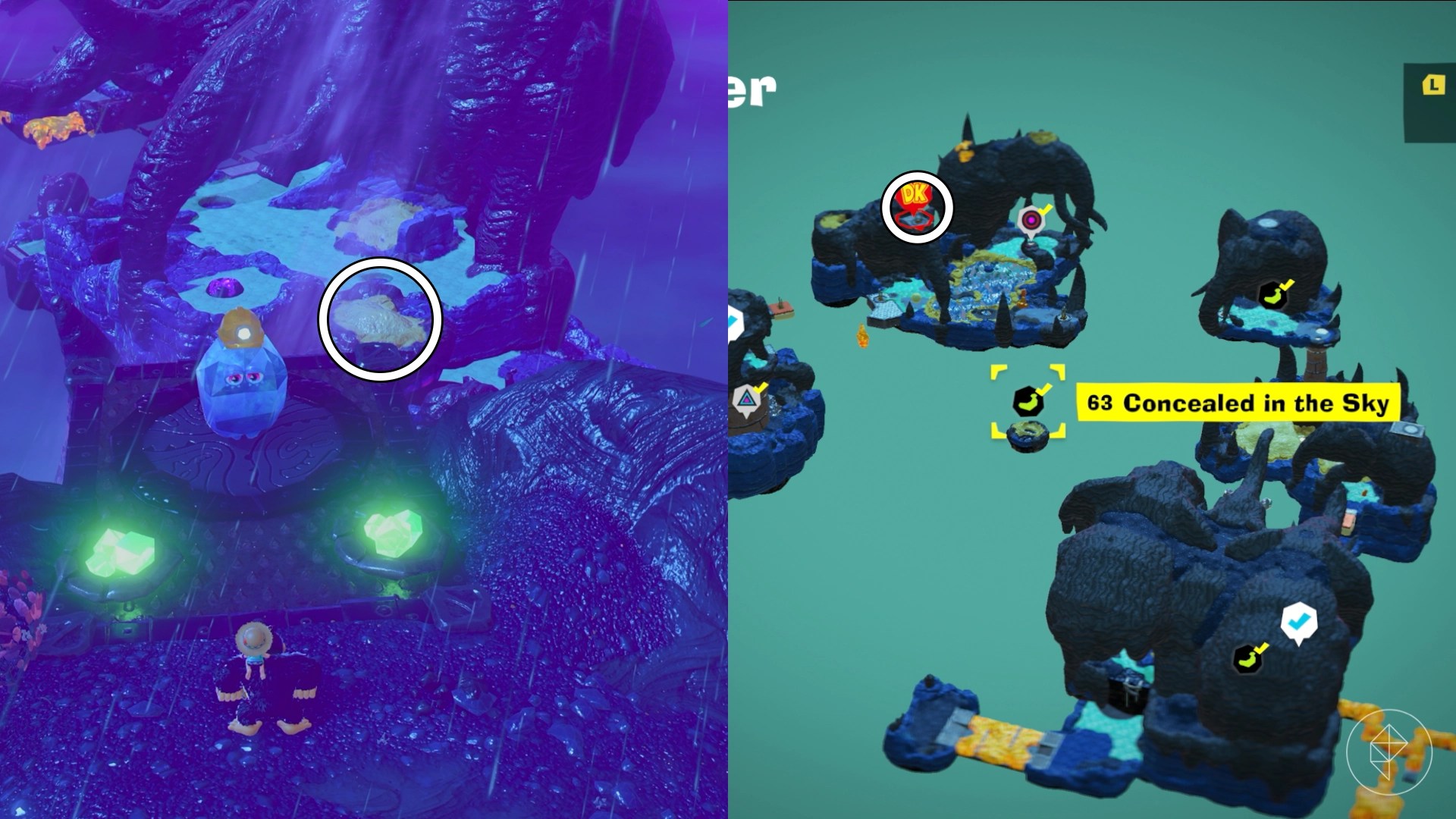 A Constructone sits on top of a large stone cliff with a small island between the cliff and another island circled in Donkey Kong Bananza.