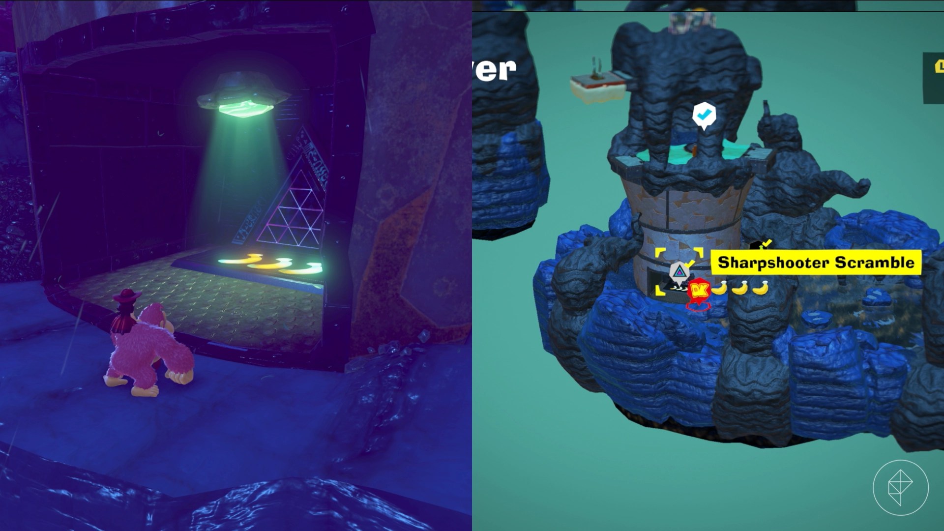 Donkey Kong standing in front of the entrance to a challenge course that is underneath a large elephant statue.