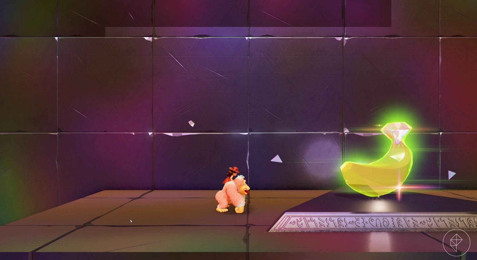 DK drools over a banana on a pedestal in Donkey Kong Bananza.