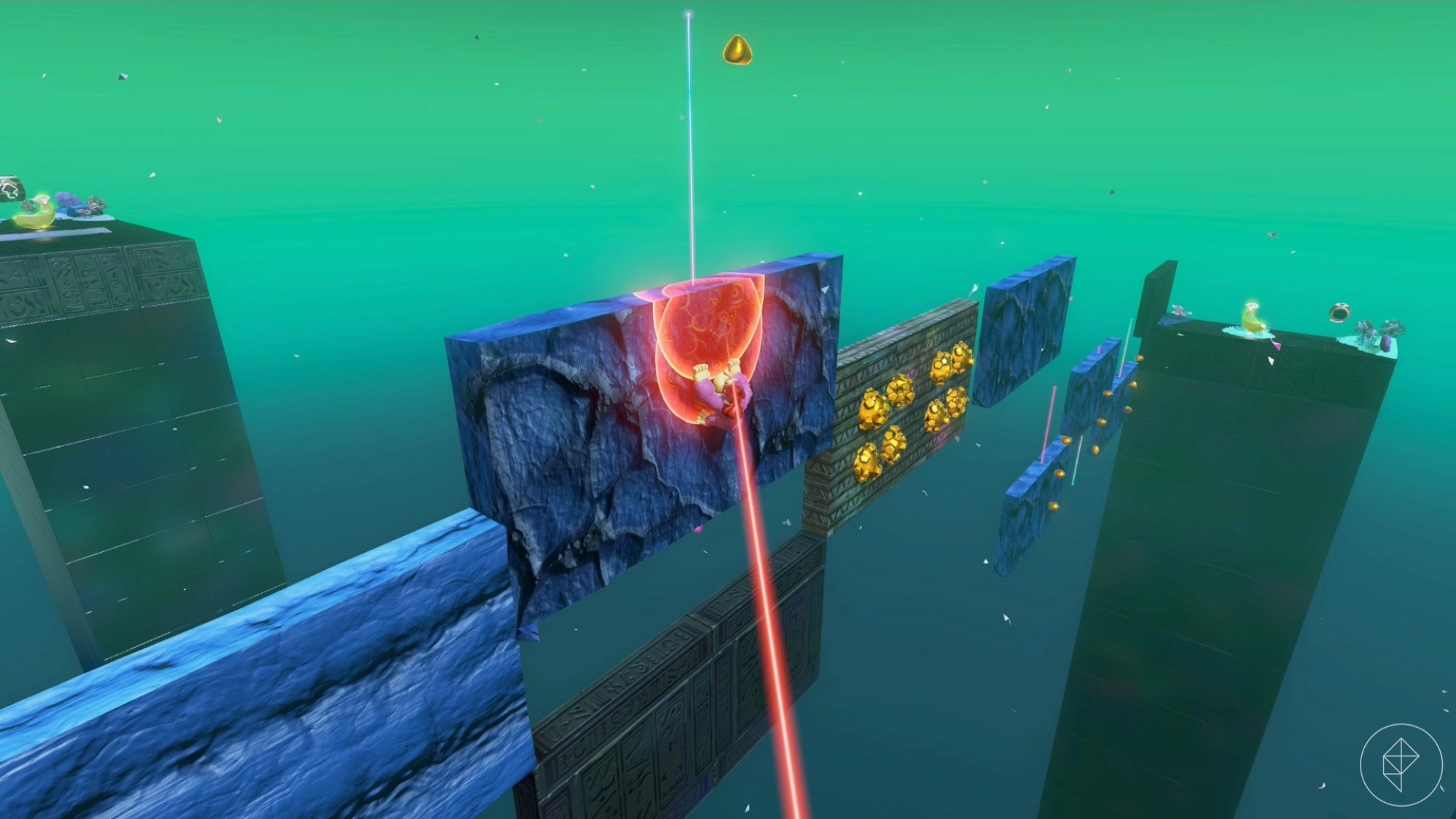 Donkey Kong holding onto a wall along with a red laser pointing directly at him.